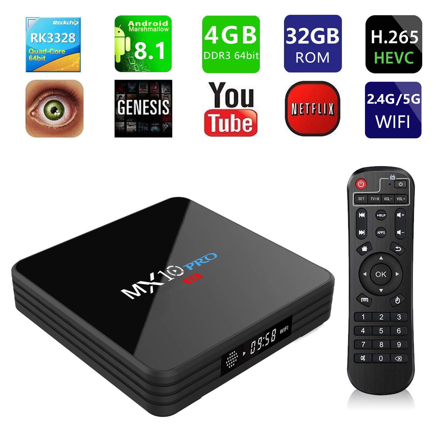Qyoung MX10 PRO Android 8.1 4K Ultra HD Tv Box with Remote Control, 4GBRAM 32GBROM USB 3.0 WiFi BT4.1 HD RK3328 Quad Core Internet Media Players