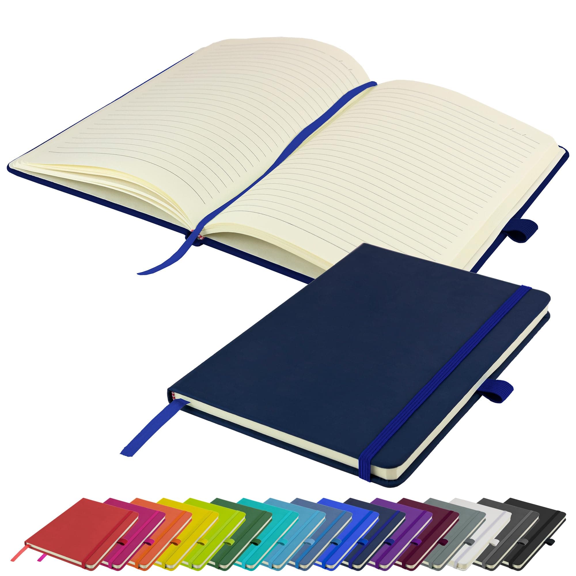 A5 Notebook New Lined Hardback Journal with pen loop, elastic closure & ribbon page marker Notepad Note Book Notes Diary Pad (Navy)
