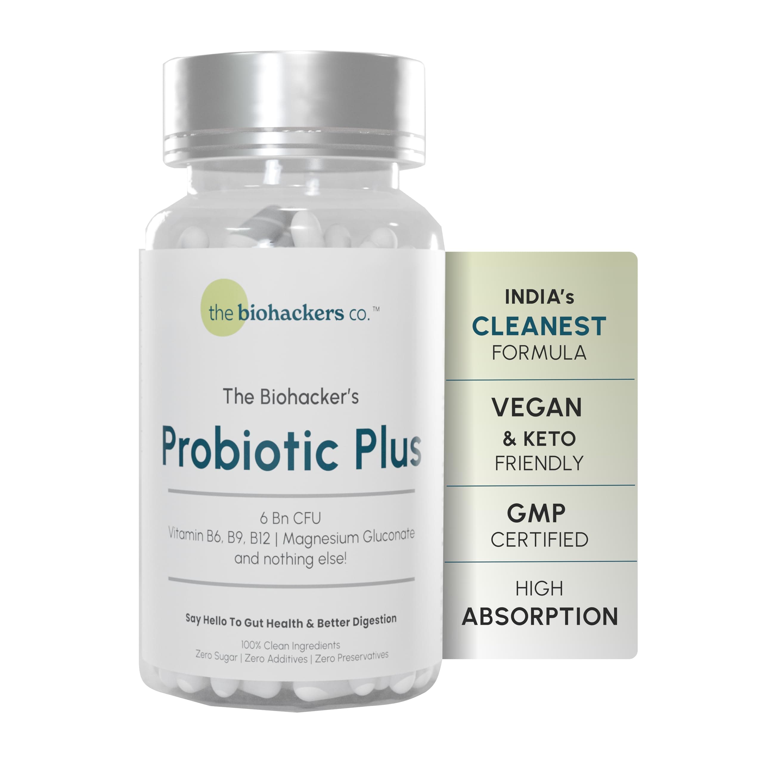 The Biohackers Co 100% Clean Probiotic Plus | With 6 Bn CFU, Vitamin B12, B9, B6, & Magnesium, Probiotics Supplements for gut health, Better Digestion,Immunity, & Energy | Pack of 1 | 30 Days Stack