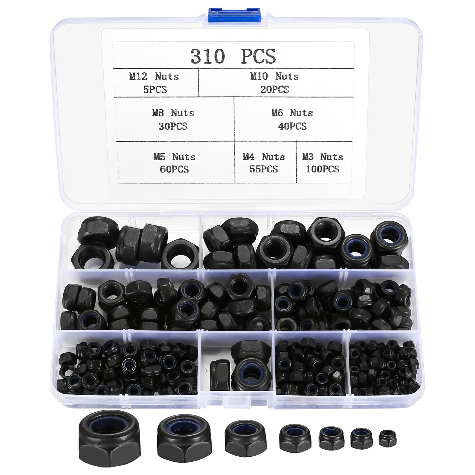 310 Pcs Nylock Nuts, Self Locking Nuts, Nylon Insert Lock Nut, Carbon Steel Black Hex Thread Hexagon Nut with Nylon Inserts for Bolts Screws Components, M3 M4 M5 M6 M8 M10 M12