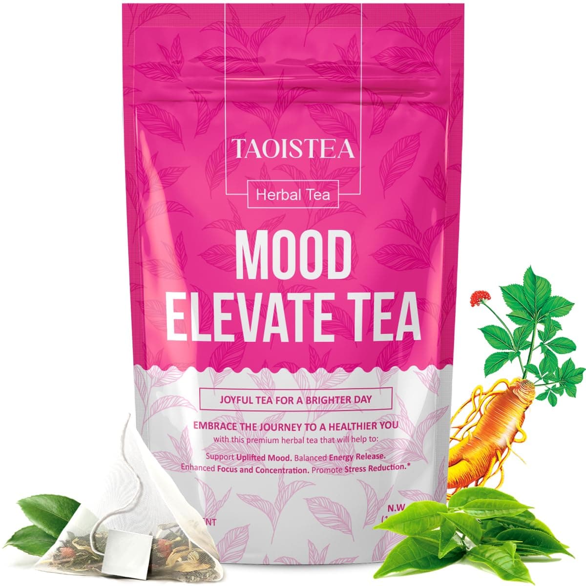 Mood Elevate Tea, Energizing Herbal Tea Blend with Ginseng, Green Tea, Ginkgo, Hibiscus, Uplifting Mood Booster and Healthier Coffee Alternative - 14 Bags