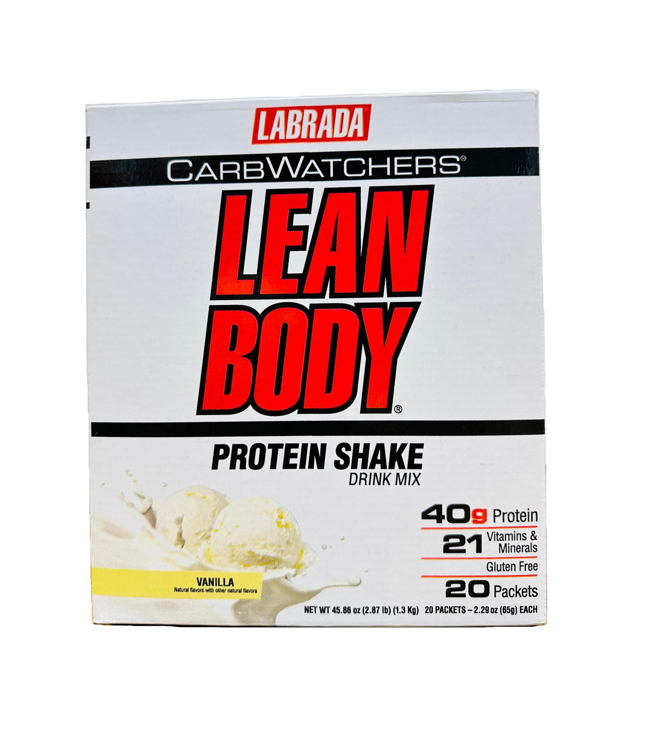 Lean Body Carb Watchers, All-in-One Vanilla Meal Replacement Shake. 40g Protein Whey Blend, 8g Healthy Fats & Fiber, 22 Vitamins and Minerals, No Artificial Colors, Gluten Free,(20 Packets)