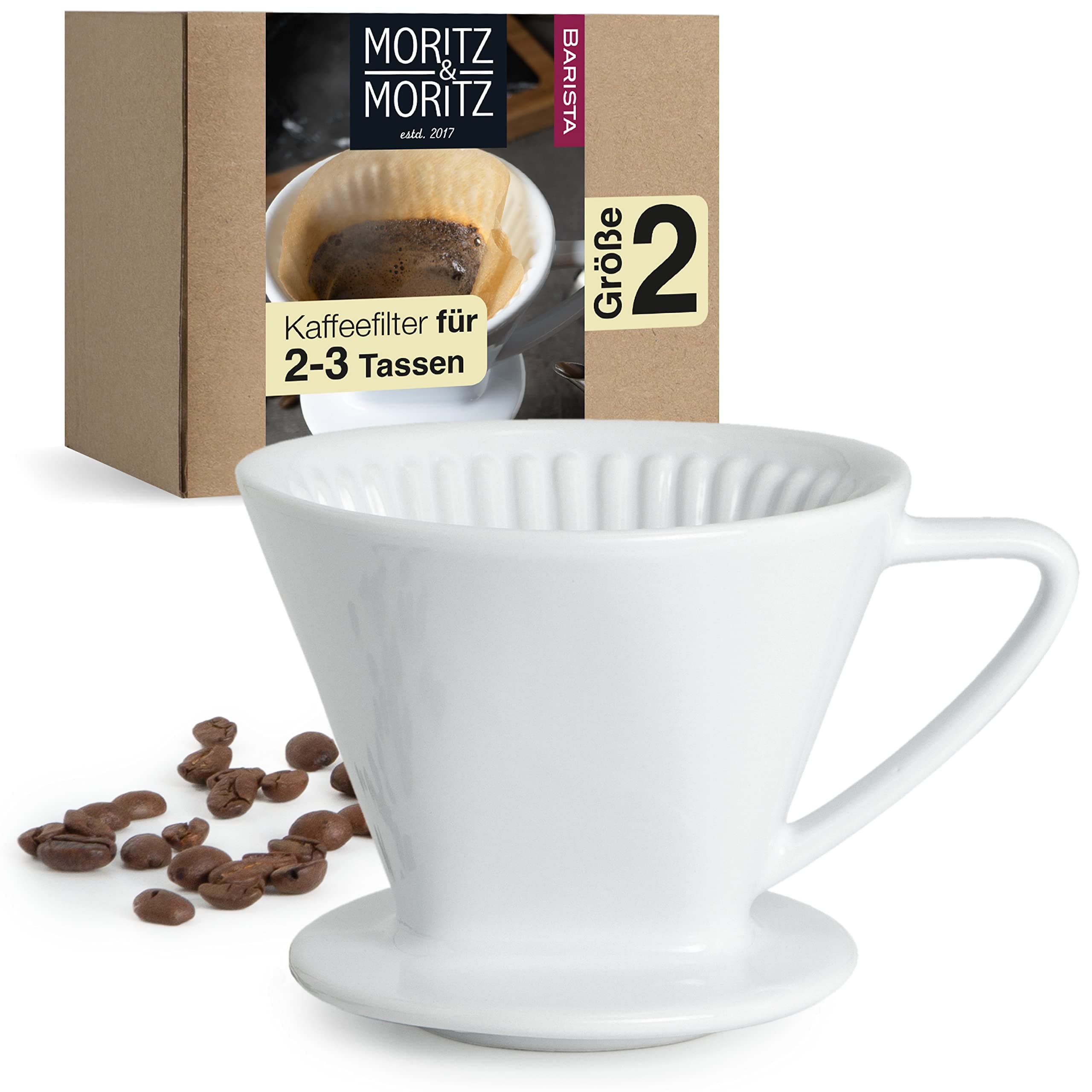 Moritz & Moritz Caffé Italia Coffee Dripper Ceramic Size 2 - Excellent aromatic Coffee Flavour - Coffee Filter for 2-3 Cups - Coffee Filter Cone Porcelain in White