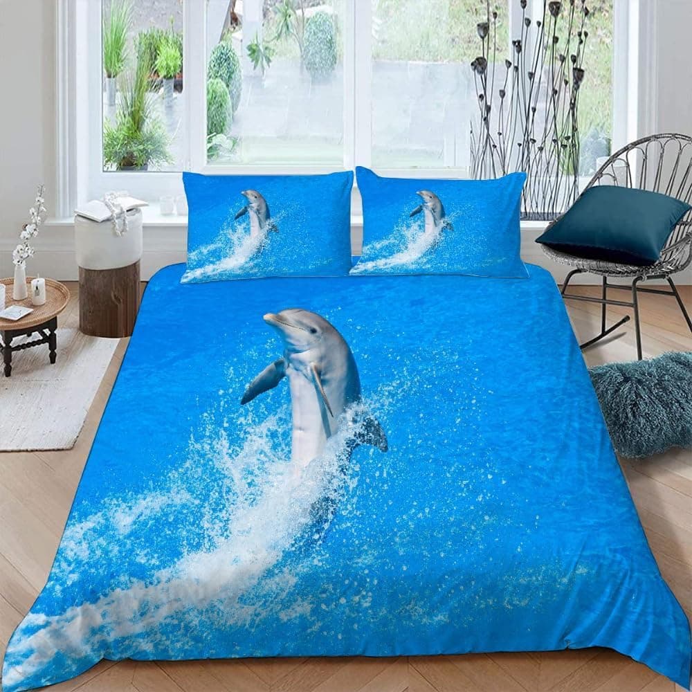 3D Dolphin King Size Duvet Cover Sets Waves Bedding Set Soft Microfibre Quilt Cover 230x220 cm and 2 Pillowcases 50x75 cm G-H881