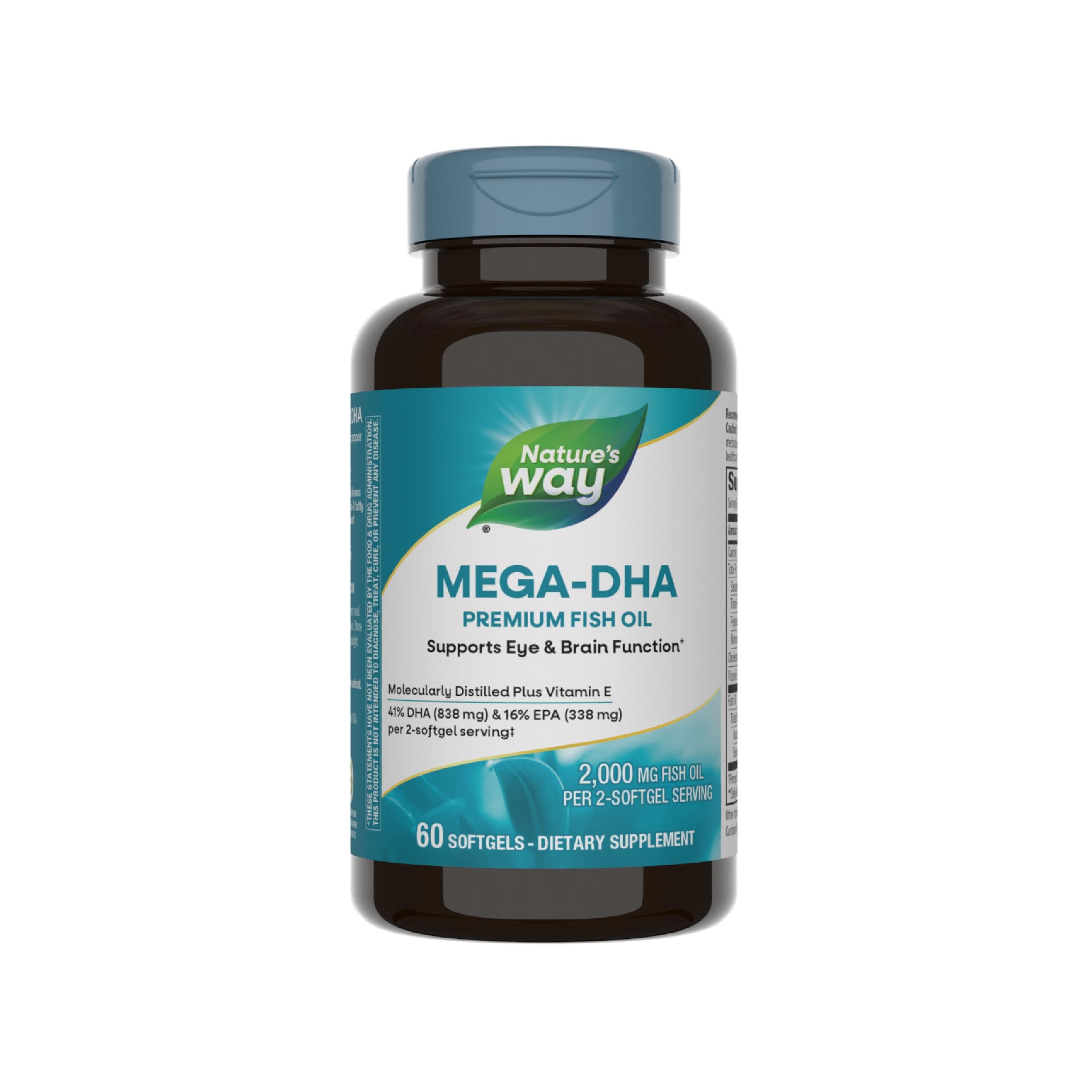 Nature's Way Mega-DHA Premium Fish Oil, Supports Eye and Brain Function*, Omega-3, EPA DHA Omega 3 Supplement, 2,000 mg Fish Oil per 2-Softgel Serving, 60 Softgels (Packaging May Vary)