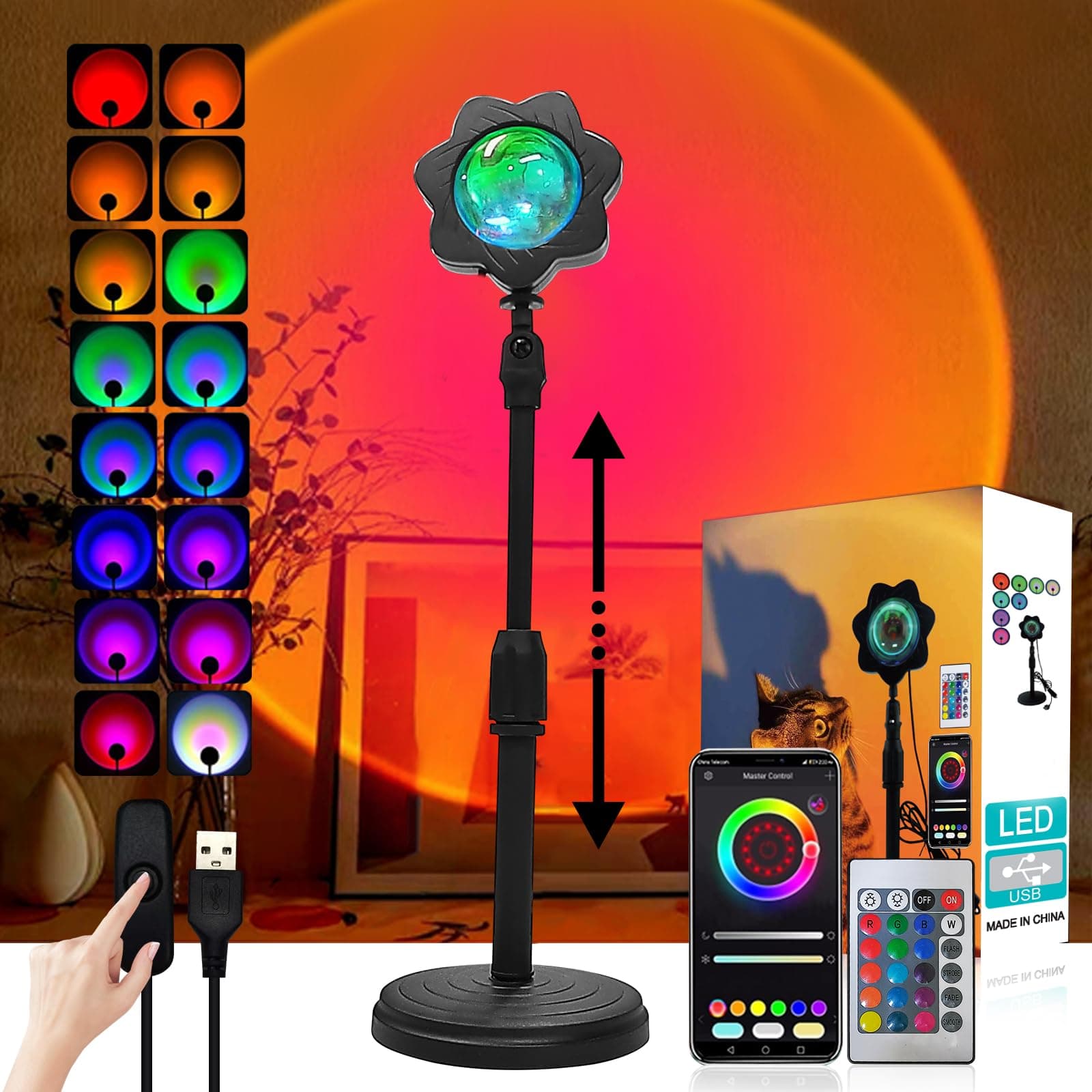 gevaabu Sunset Lamp Projector LED Lights APP Remote, Sunset Light 16 Colors Night Light LED Floor Lamp Mood Lights for Photography/Selfie/Party/Home/Room/Bedroom Decor, Light Projector for Bedroom