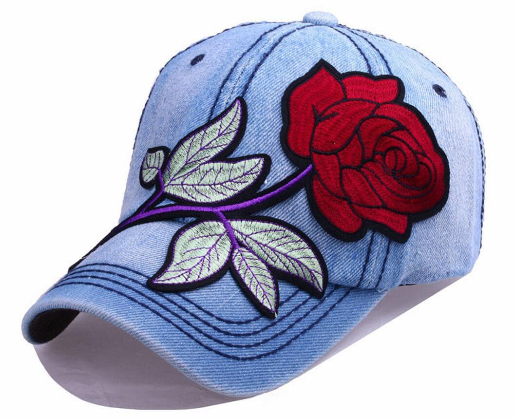 Unisex Rose Embroidered Adjustable Dad Hat, Cute Baseball Sun Visor Cap (Medium Blue - Green)