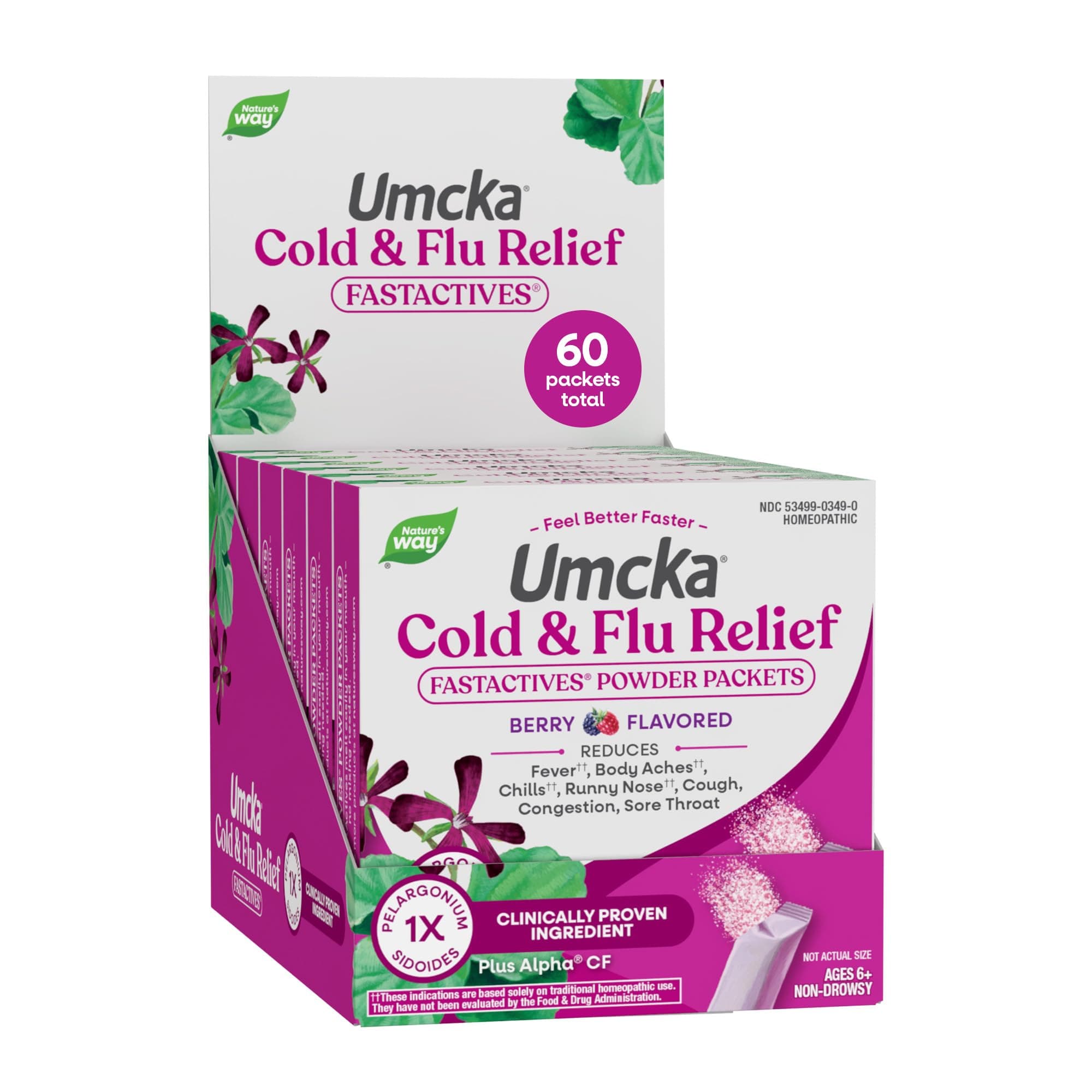 Umcka Fastactives, Berry Cold+Flu 10 packets per sleeve, 6 sleeves per box.