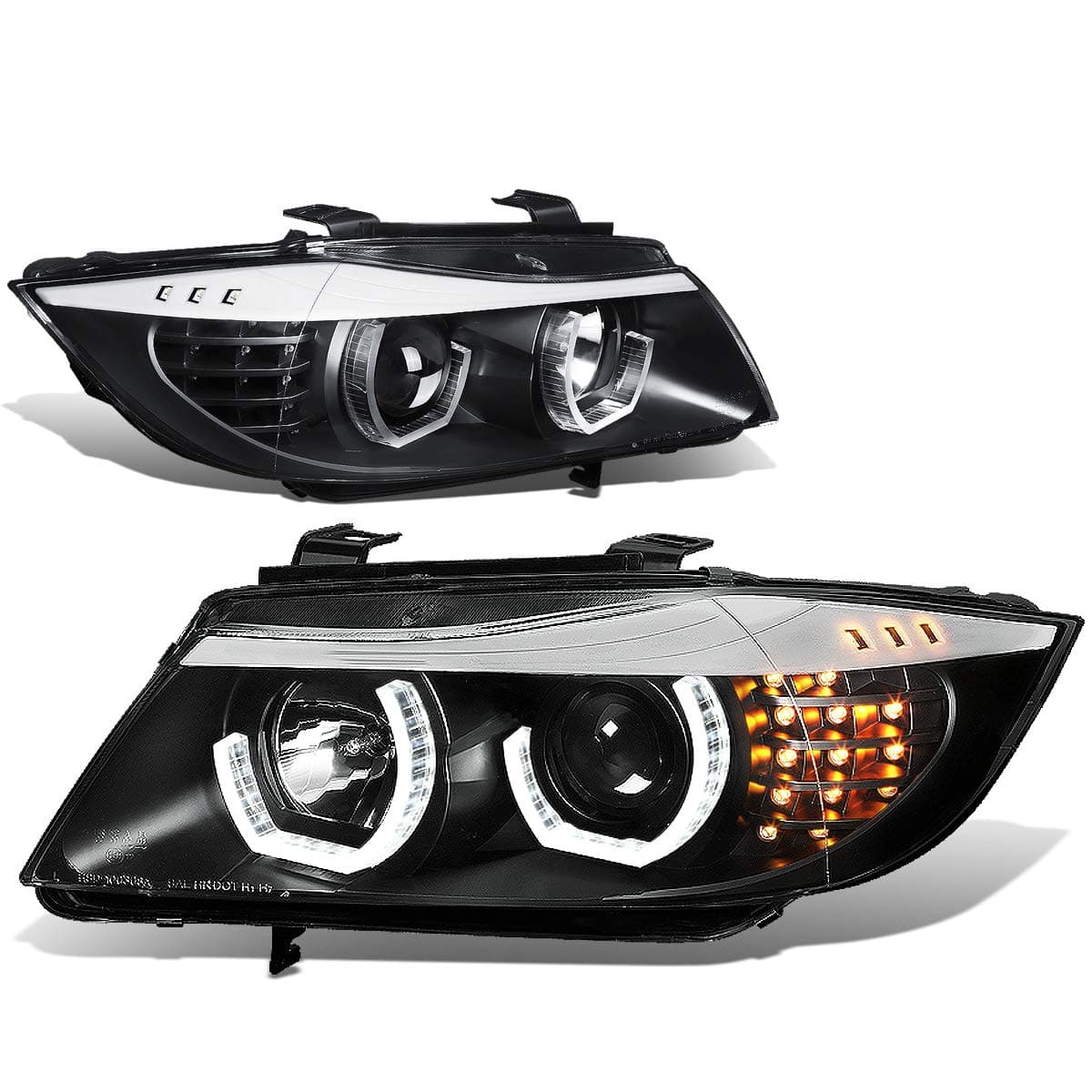 Auto Dynasty LED Halo Headlights Assembly Compatible with 2009-2012 BMW E90 320i 323i 325i 4-Dr Sedan, Left and Right Side, 3D Dual Crystal U-Halo, Projector Low Beam, LED Turn Signal, Black Housing