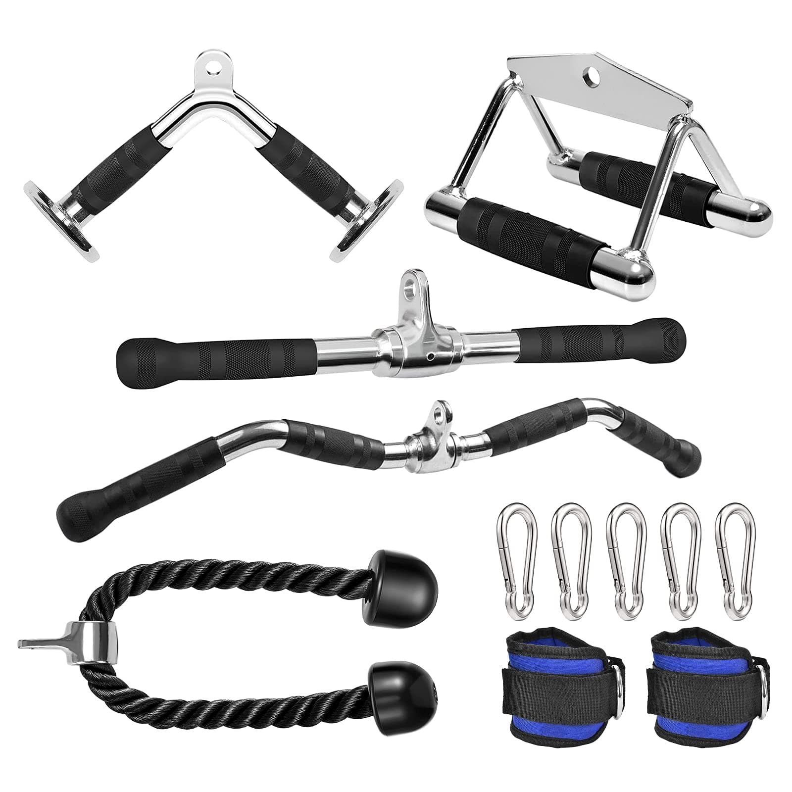 6 Pieces Cable Machine Accessories Set - LAT Bar Cable Machine Attachment, Double D Handle, V-Shaped Bar, Tricep Rope, Rotating Straight Bar & Ankle Straps, for Arm Strength Workout Training