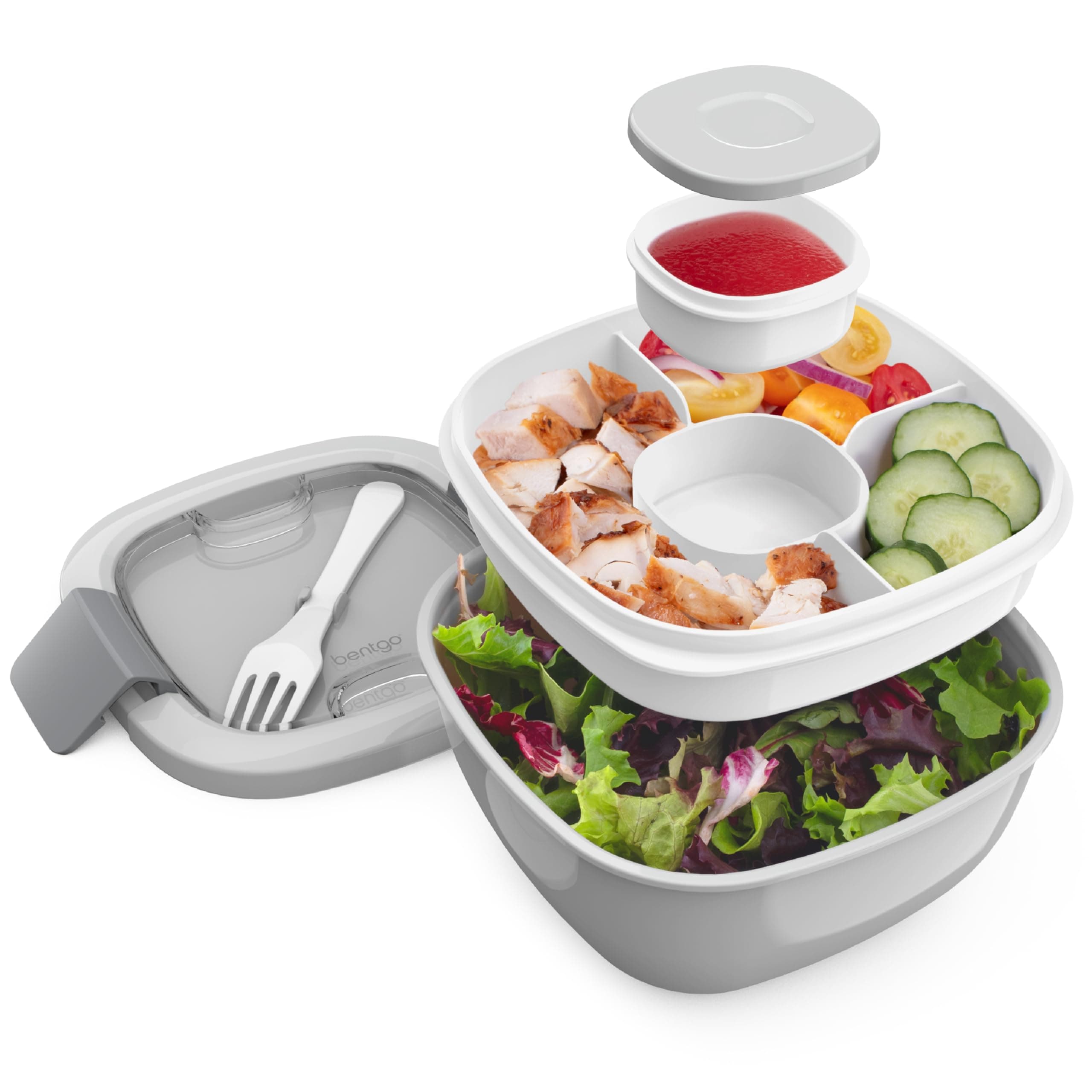 Salad Container - 54 oz Bowl with 4-Compartment Toppings Tray, Leak-Proof Dressing Container, Reusable Fork, BPA-Free Lunch Box for Meal Prep & Food Storage; Removable Bento Tray (Gray)