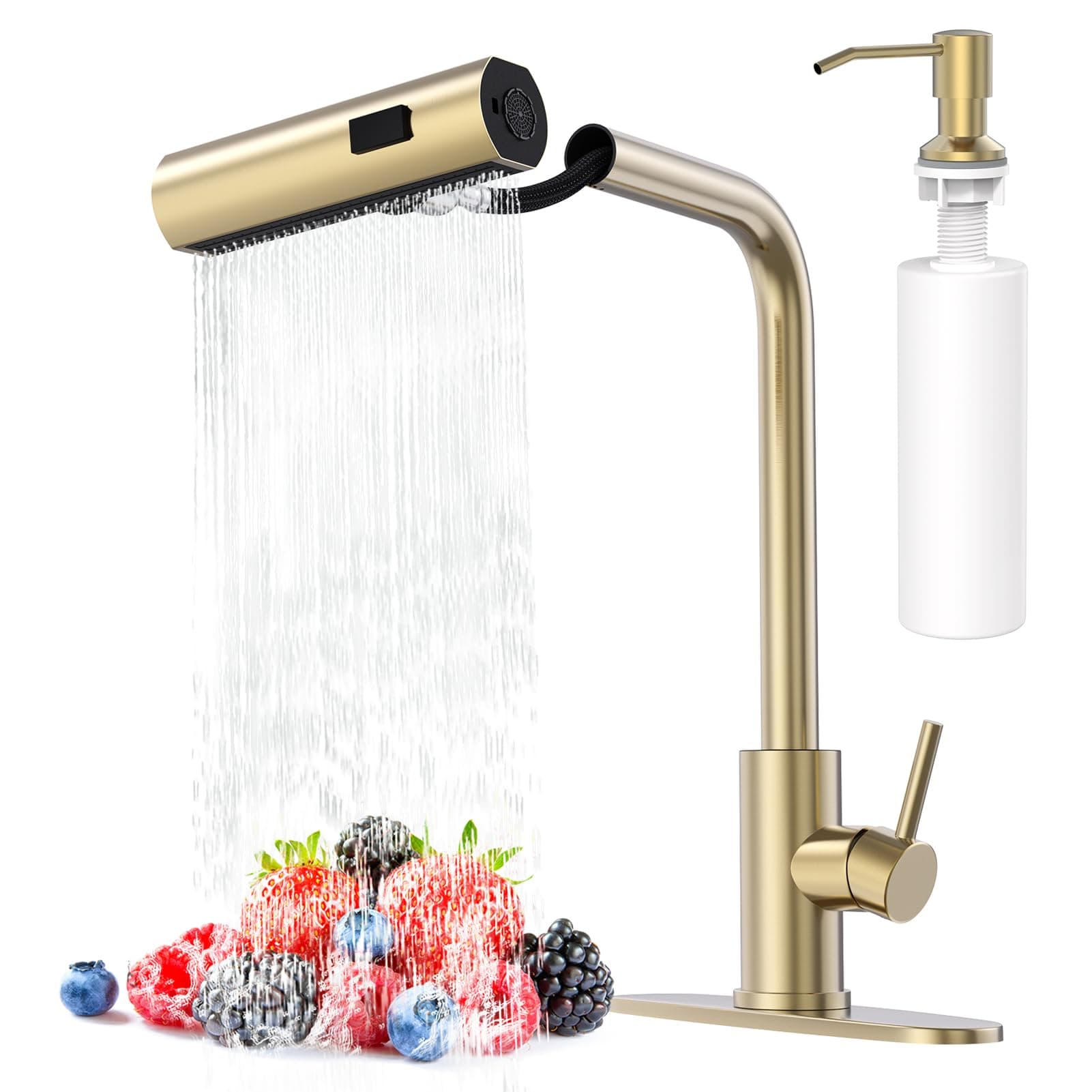 Brushed Gold Single Hole Kitchen Faucets with Pull Down Sprayer, Single Handle, High Flow Water, Pull Out Tap, Stainless Steel Sink Faucet, Suitable for Farmhouse Camper Laundry Rv Bar