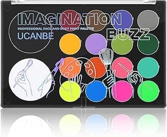 UCANBE Face Body Paint 18 Colors, Water Based Face Painting Kit with Large White Black & Neon Glow UV Facepaint SFX Makeup Palette for Halloween Party Costume Cosplay & Stage Make Up