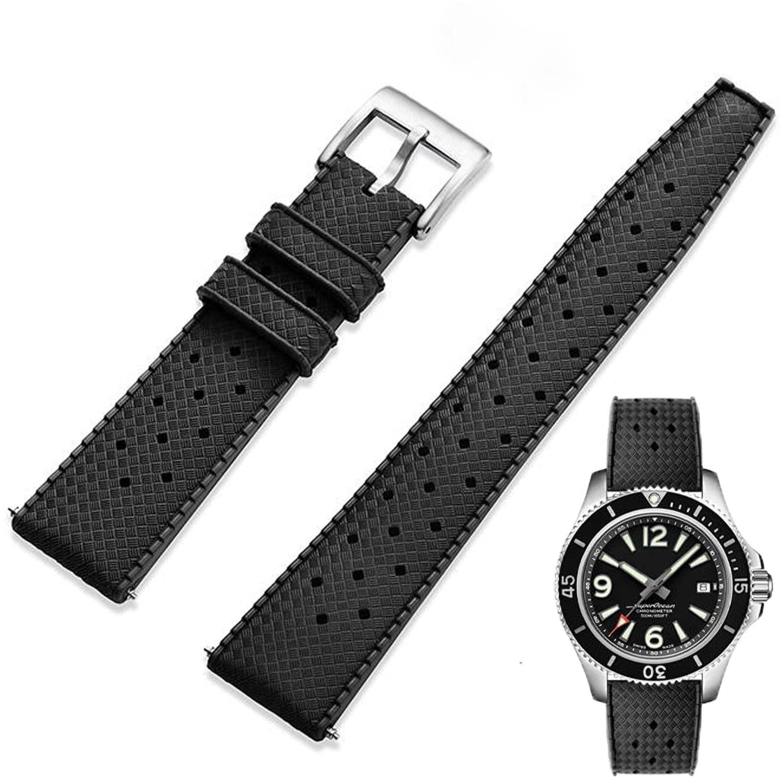 Fluororubber Watch Strap with Quick-Release Fastener, Tropical Style, Soft FKM Rubber Strap for Watches, Universal Replacement Strap, 18mm, 20mm, 22mm, Men and Women