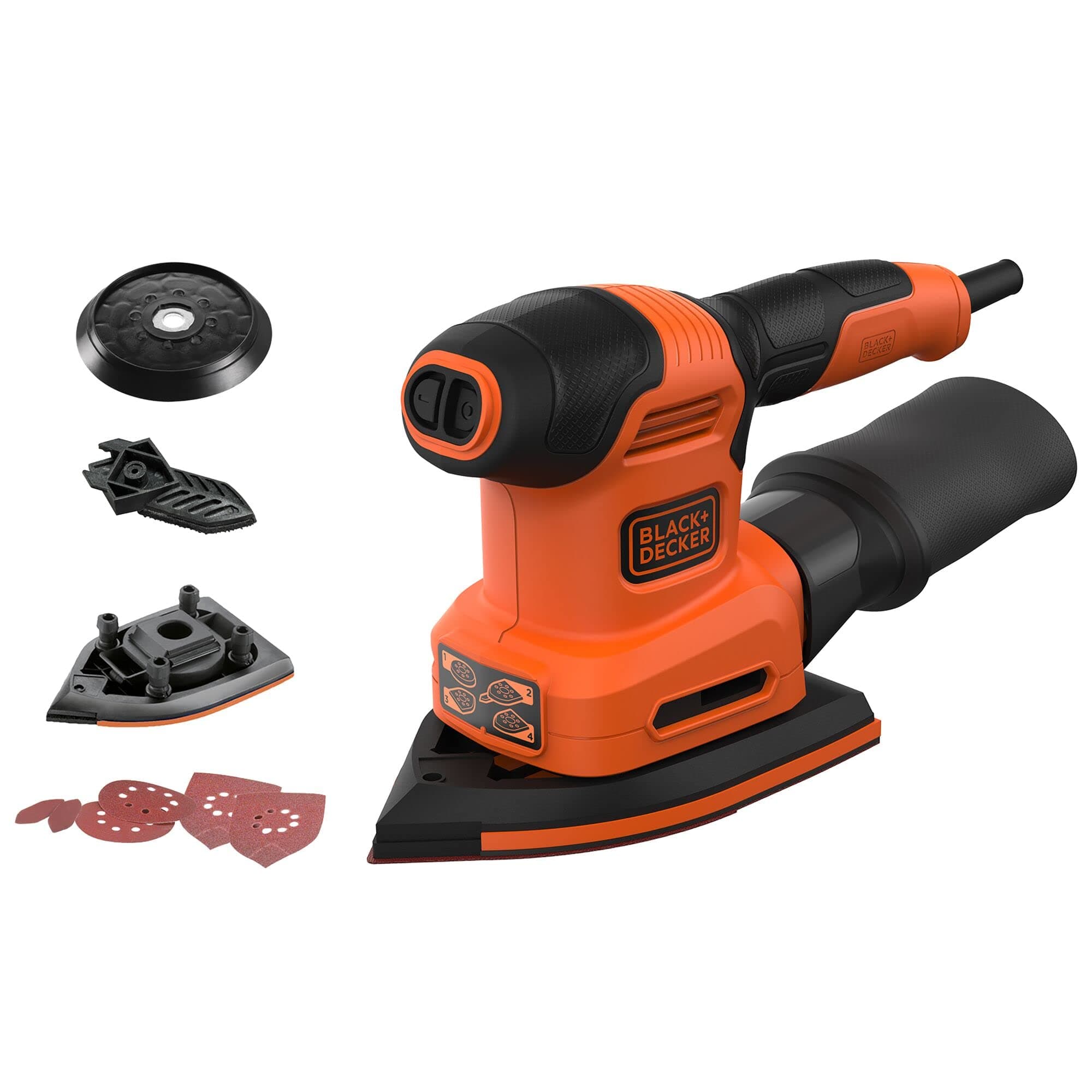Black & Decker 200W 4-in-1 Multi Sander with Interchangeable Base, Orange/Black - BEW200-GB, 2 Years Warranty