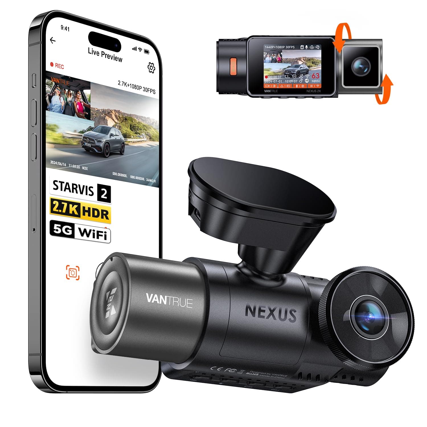 VANTRUE N2X Dash Cam 2.7K Front and Inside, STARVIS 2 IMX675, Dual Dash Cam For Cars, Car camera with 5G WiFi, HDR, Night Vision, GPS, 24H Buffered Parking Mode, 60fps, Voice Control,Support 512GB Max