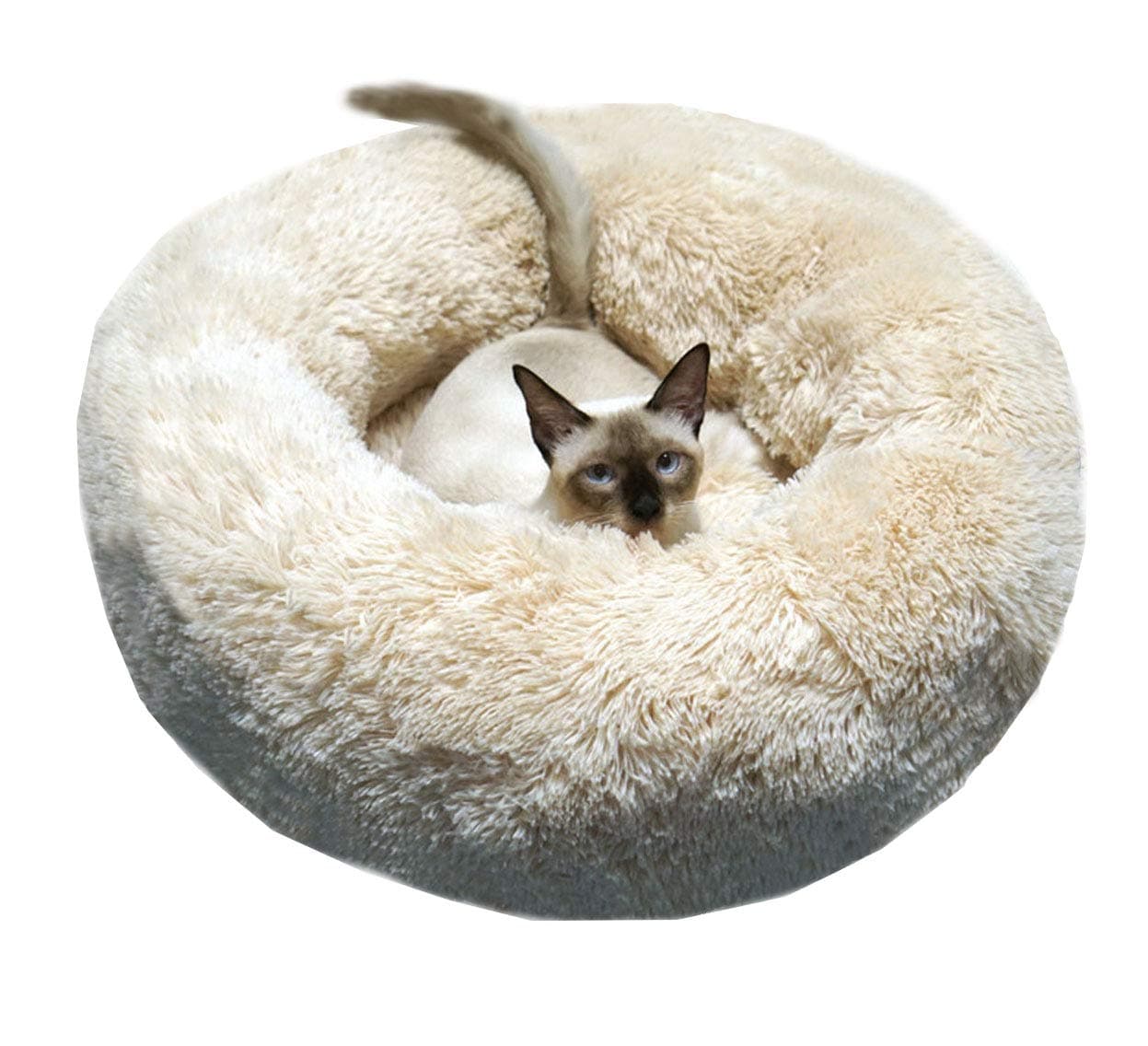 BODISEINT Modern Soft Plush Round Pet Bed for Cats or Small Dogs, Mini Medium Sized Dog Cat Bed Self Warming Autumn Winter Indoor Snooze Sleeping Cozy Kitty Teddy Kennel (M(23.6”Dx7.9 H), Champagne)