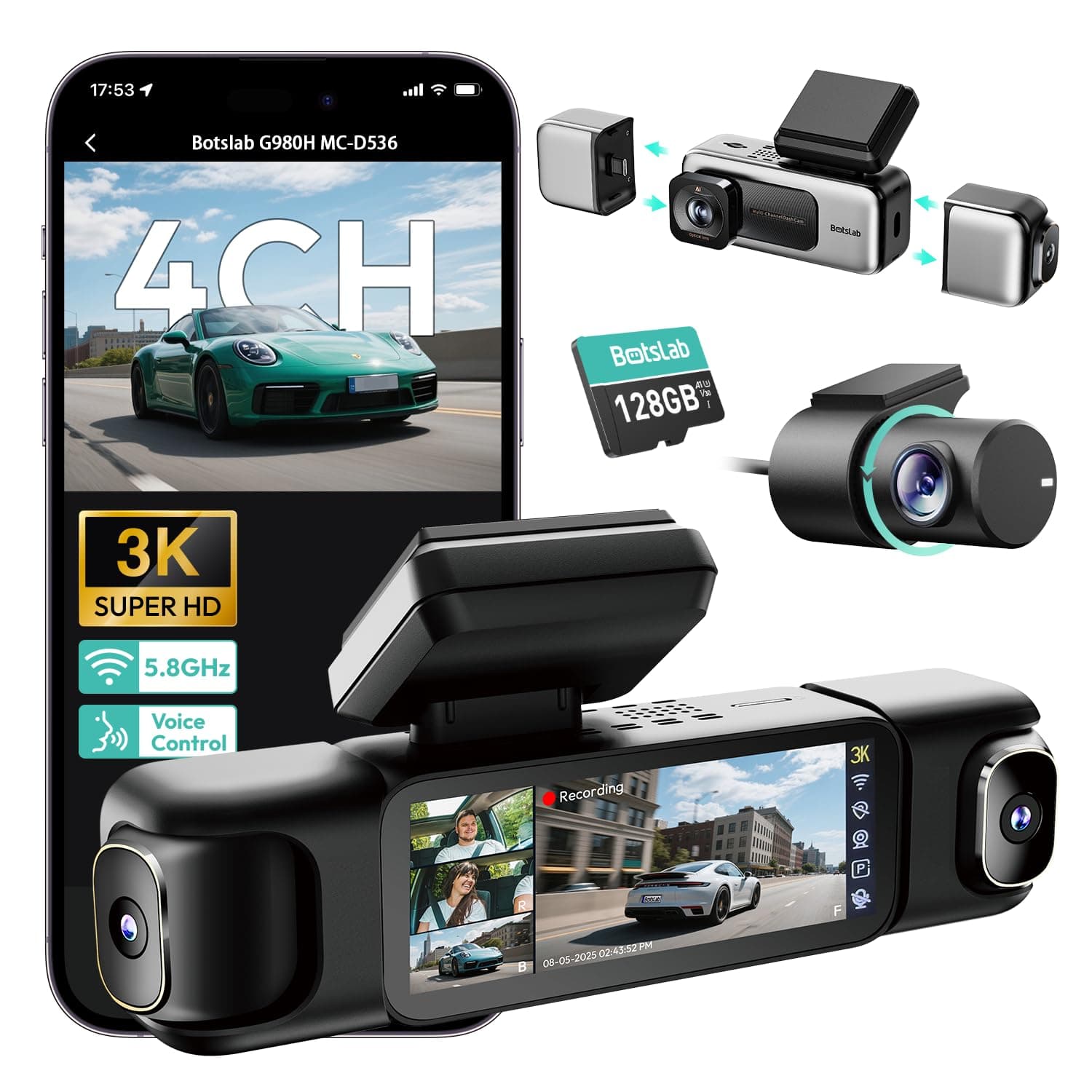 3K 4 Channel Dash Cam, 3K/4K Front and 1080p*3 Car Camera Left Right Inside, 560° Dash Cam for Car, Built-in 5.8GHz WiFi and GPS, Voice Control, Included 128GB SD Card