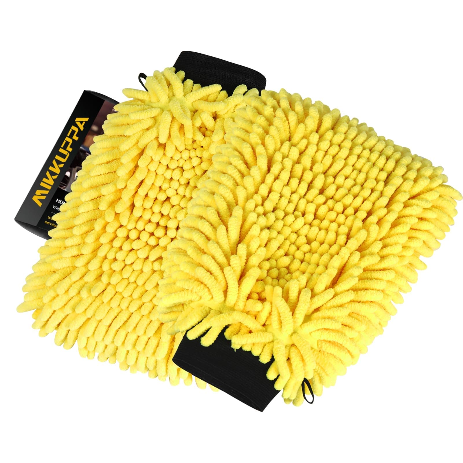 MIKKUPPA Car Wash Mitt Microfiber - Double-Sided Chenille Scratch Free Mitt with Waterproof Inner for Car Washing Home Cleaning (Yellow, 2Pack, 10'' x 7'')