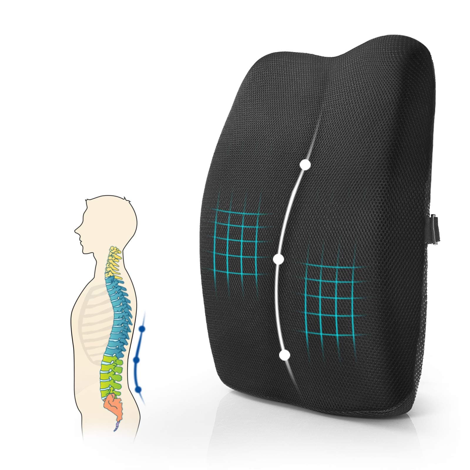 Lumbar Support Back Pillow for Office Chair / Car, Memory Foam Back Support Cushion with Full Posture Corrector - Relief Lower Back Pain (Black)