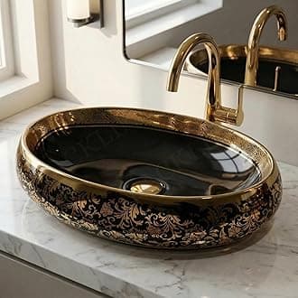 Ceramic Oval Shape Table Top Vessel Sink Over Counter Wash Basin (24 X 16 X 6 Inch, Black Gold)
