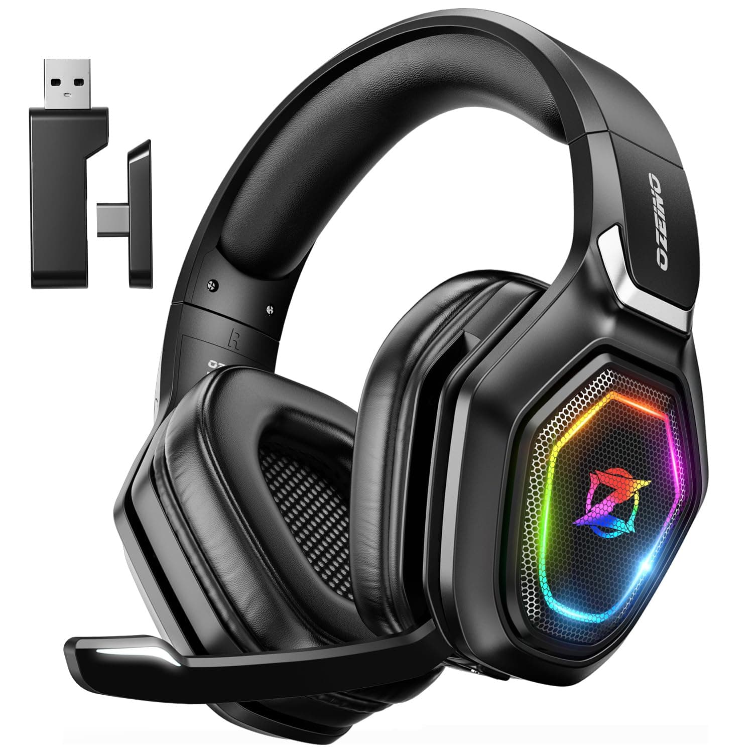 Ozeino Wireless Gaming Headset, Compatible with PC Ps5 Ps4 Boasts 2.4GHz Lossless Audio, USB & Type-C, Flip Microphone and 40-Hr Battery - Suited for Switch, Laptop, Mac
