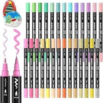 Acrylic Marker Pen, Pastel Colors, Set of 28 Colors, Brush and Fine Point Tip, Twin Pen, Acrylic Pen, Water-based, Paint Marker, Waterproof, Quick Drying, Water Resistant, Lightfast
