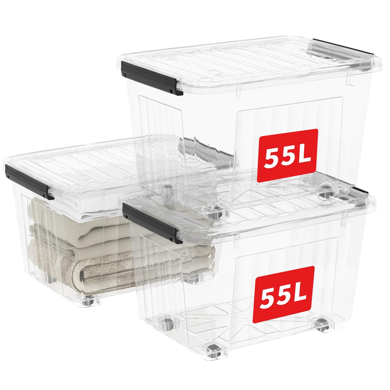60Qt*3 Plastic Storage Bins, Storage Box, 3 Pack, Organizing Container with Wheels, Durable Lids and Secure Latching Buckles, Stackable and Nestable, Clear with Black Buckle