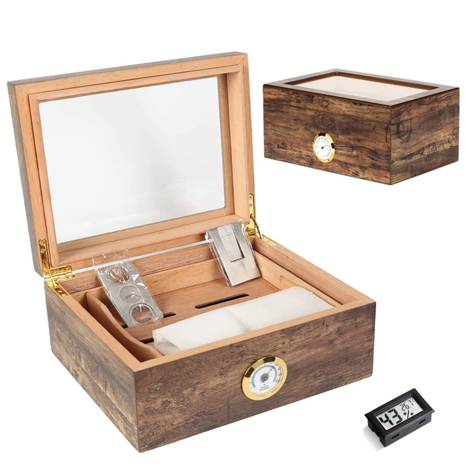 COMMODA Desktop Cigar Humidor Tempered Glasstop Front Mounted Hygrometer Humidifier Cedar Lined Storage Box Spanish Cedar Tray Divider Holds 20-50 Cigars Free Cutter Rack