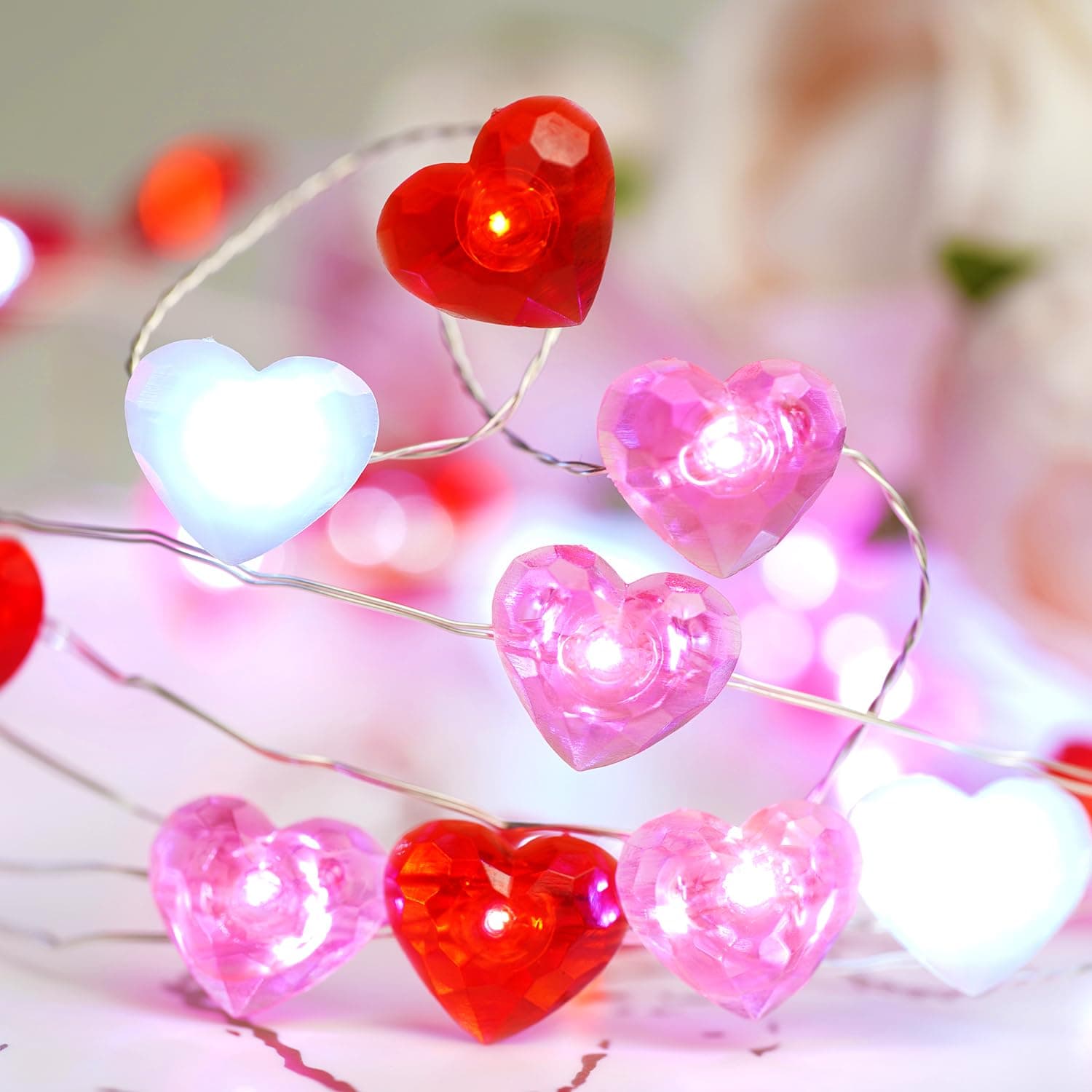 Valentines Day Decor 10 ft 40 LEDs Red White Pink Heart String Lights Battery Operated Garland Valentines Day Lights with Timer Valentine's Day Decorations for The Home Indoor Mother's Day