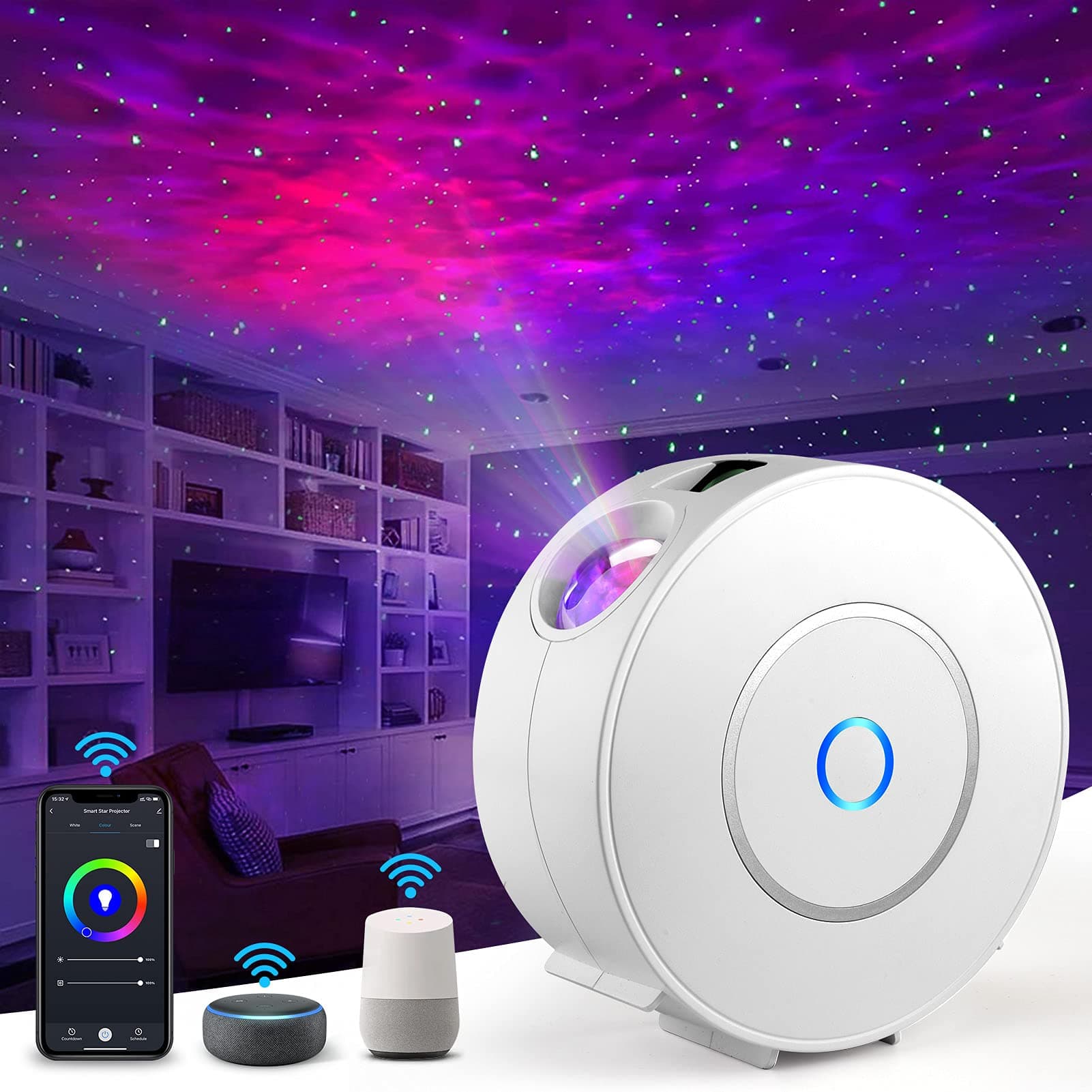 Galaxy Star Projector, Smart WiFi App/Voice Control, 3D LED Galaxy Projector Night Light with Nebula, Compatible with Google Assistant, RGB Dimmable, Timing, for Kids Bedroom Party Decor White