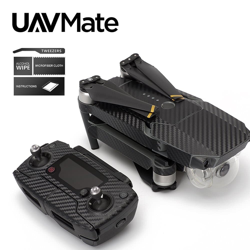 UAVMate Black Carbon Fiber Precision Edge-to-Edge Coverage Vinyl Skin Controller Battery Wrap for DJI Mavic Mavic Pro - Matte