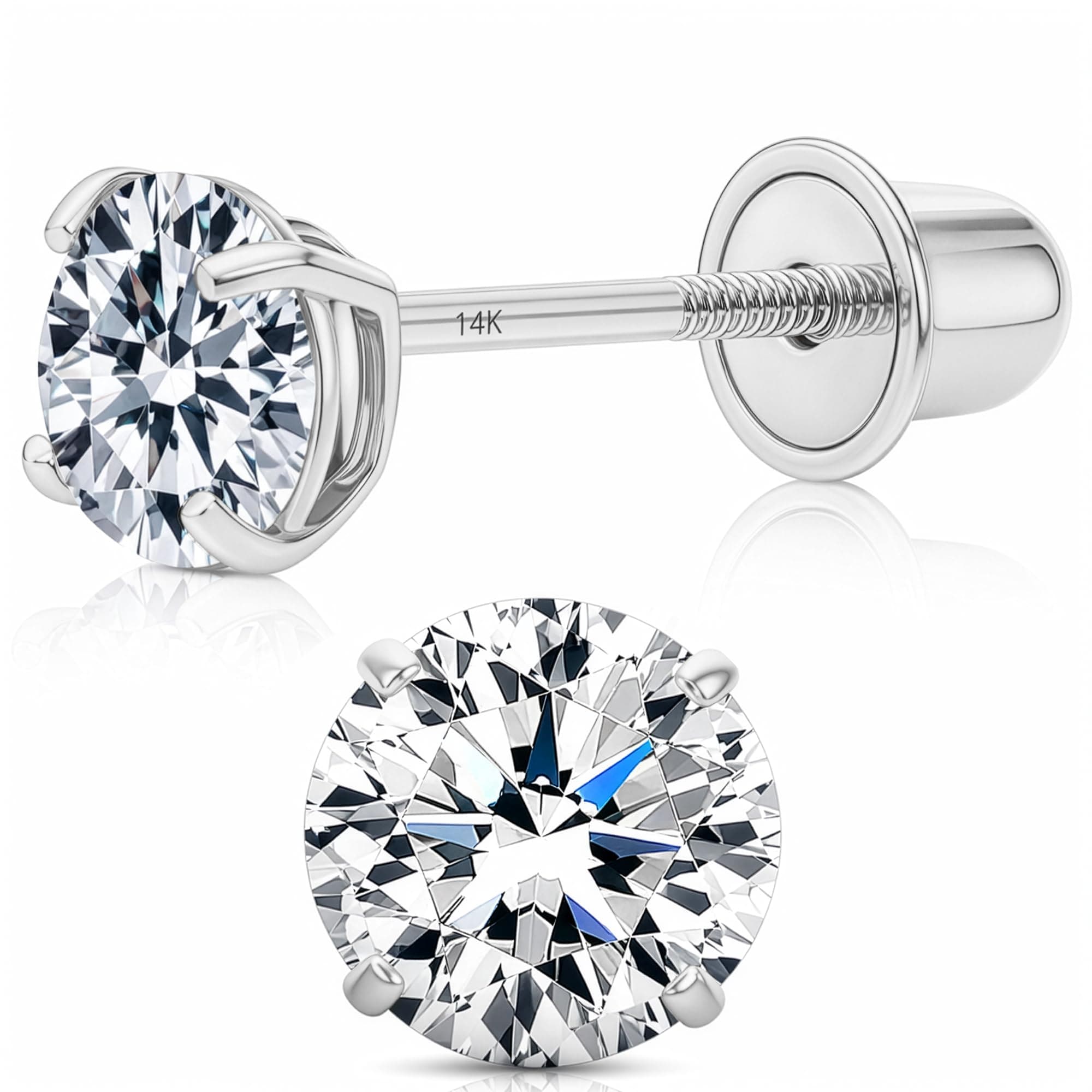14K Solitaire Gold Earring Solid 14-Karat Round Cubic Zirconia Stud Earrings with Screw-Back, CZ Studs with Gift-Ready Box