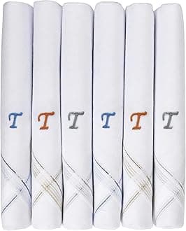 Caruso Italy Men's Initial Monogram Embroidery 100% Pure Cotton Handkerchief White Base With Colored Border - Pack Of 6