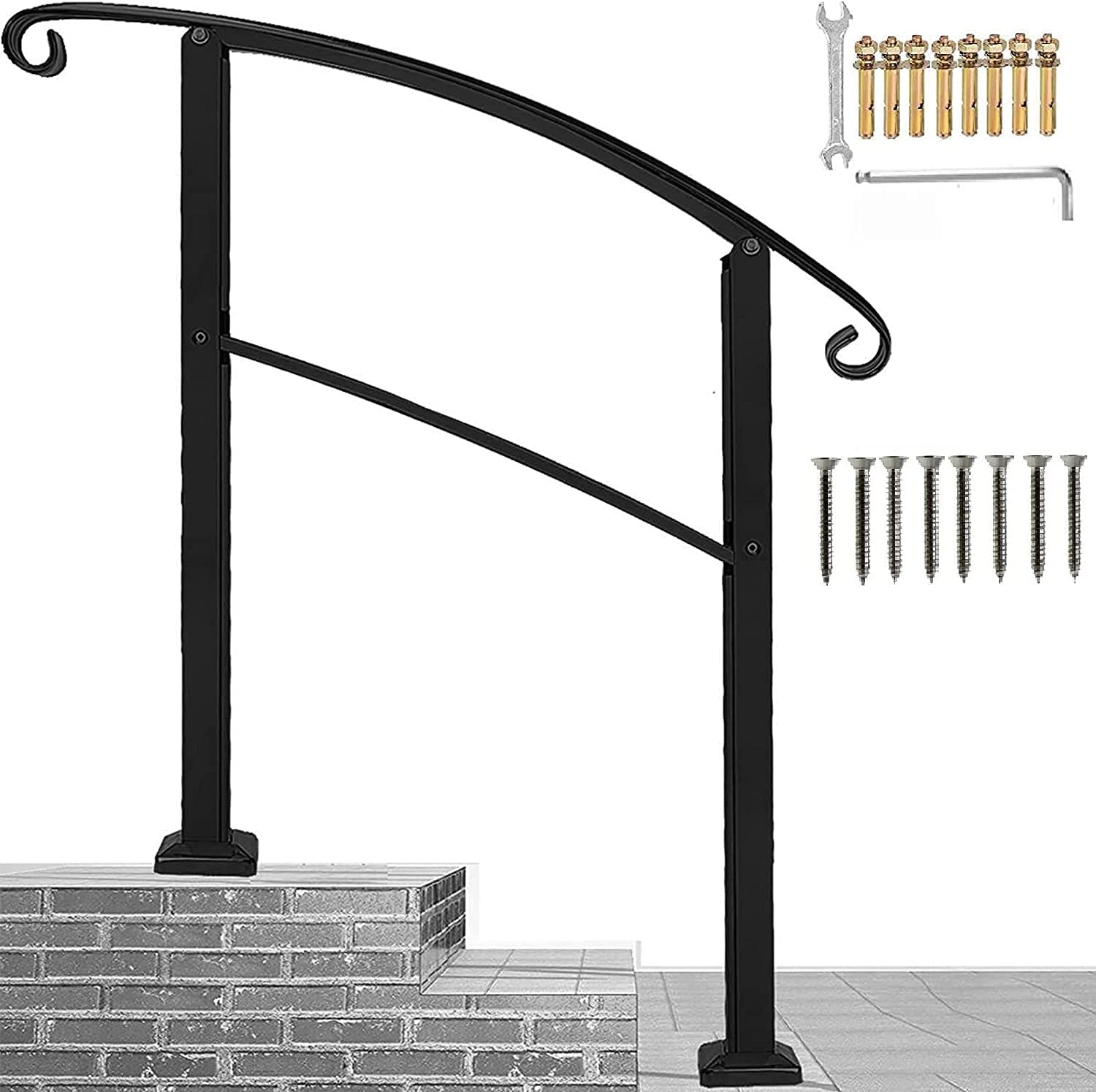 Transitional Handrails for Outdoor Steps- Wrought Iron, Secure, Weather and Rust Proof Hand Railing for Porches with Installation Kit, Non-Slip Banister Indoor, Outdoors Use (3 Feet, Black)
