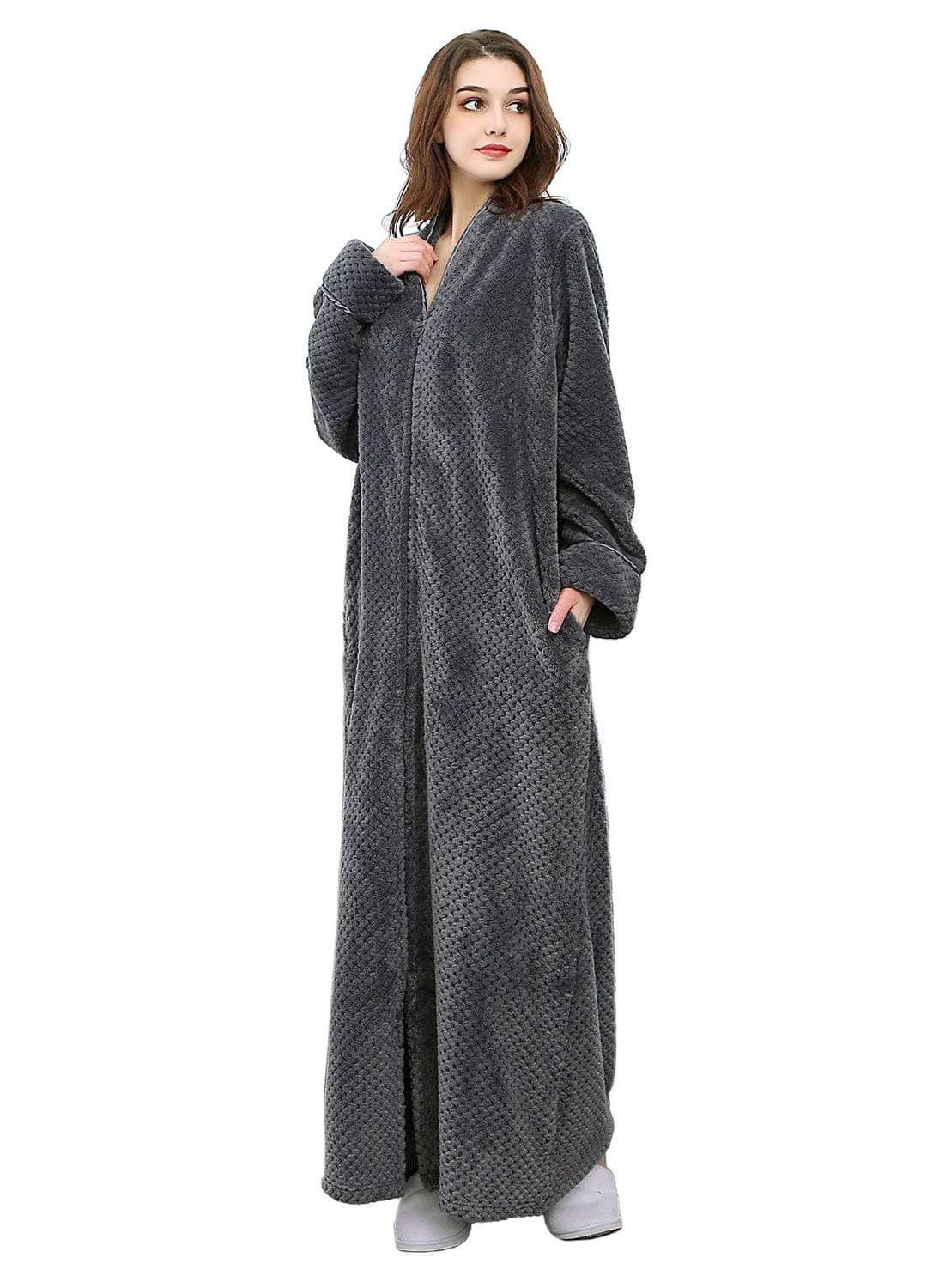 Hellomamma Women's Zip Front Bathrobe Soft Warm Long Fleece Plush Robe Plus Size Full Length Housecoat Sleepwear Dressing Gown