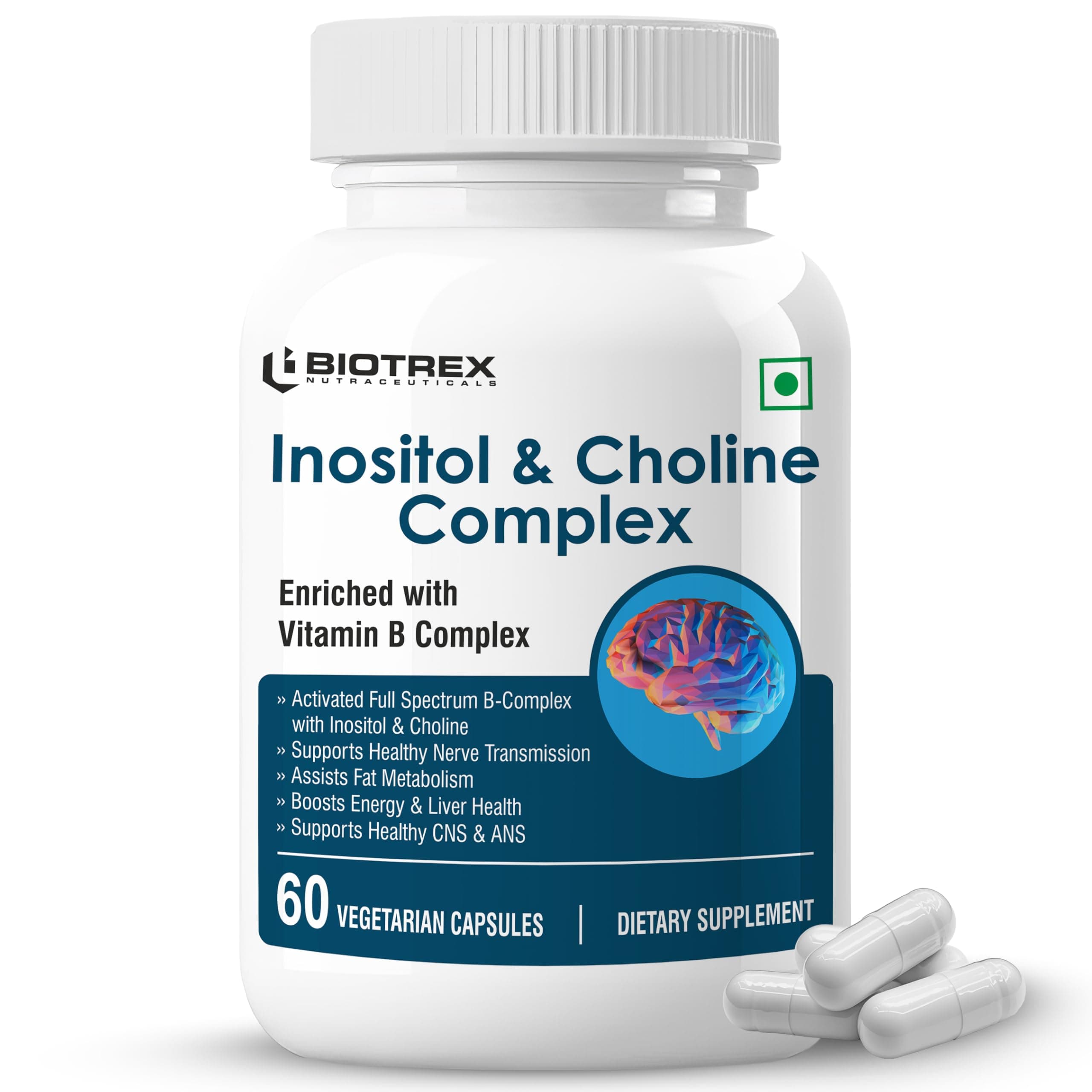 Inositol and Choline With Vitamin B Complex (B1, B2, B3, B5, B6, B7, B9 & B12) | High Purity Nutrients | Brain & Nerve Function | Better Motor Signal | Lab Tested | 60 Veg Capsules
