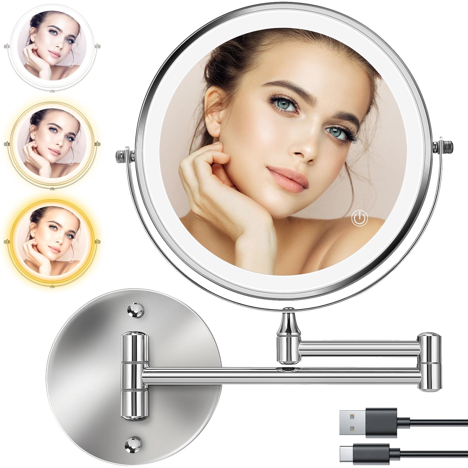 Rechargeable Wall Mounted Lighted Makeup Mirror 8 inch Double Sides 1X/10X Magnifying LED Makeup Mirror 3 Color Light Touch Screen Dimmable 360° Swivel Extendable Bathroom Mirror Shaving Mirror-Chrome