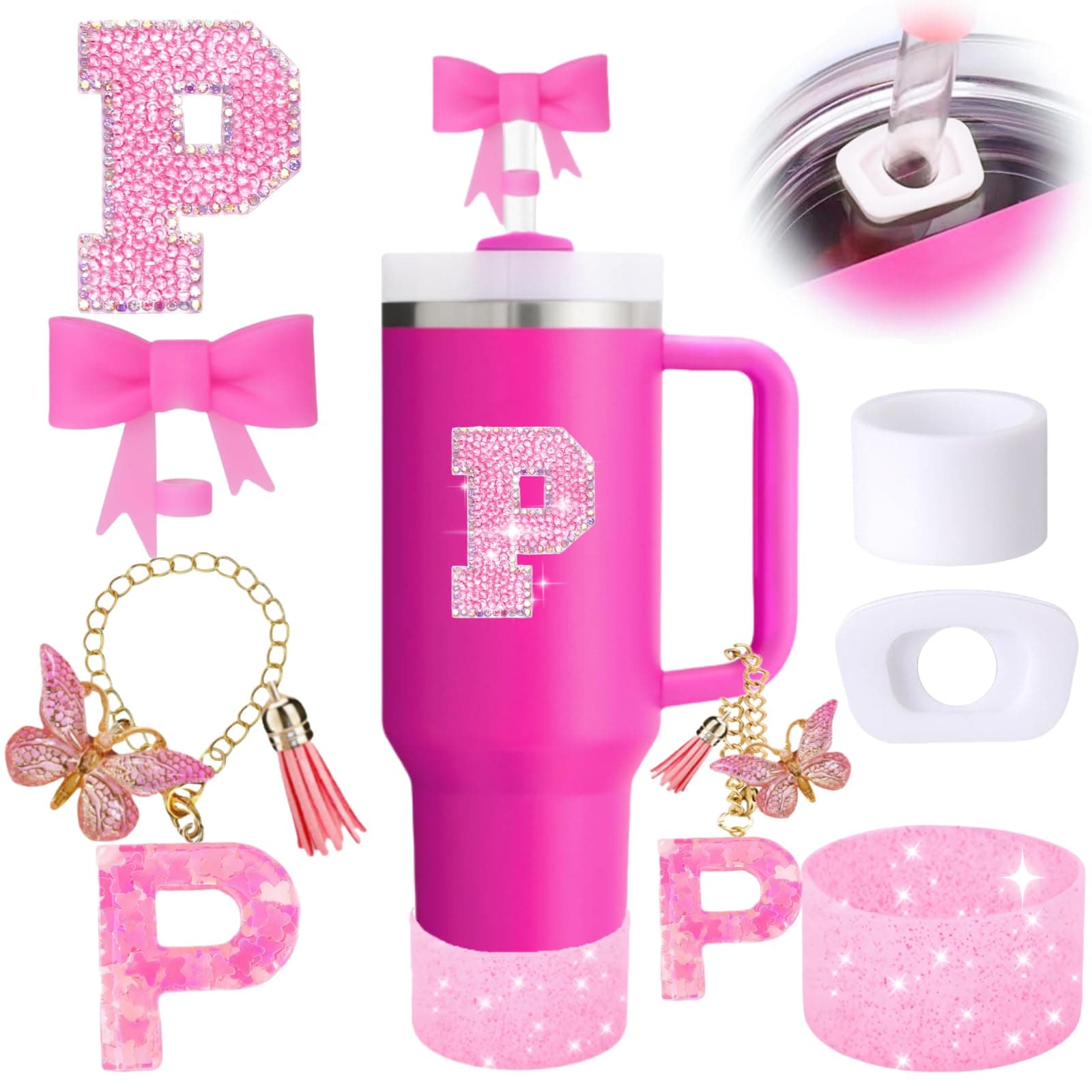 6PCS Pink Stanley Cup Accessories Set, Initials Decorations for Stanley Cup 30oz 40oz, Includes Bow Straw Topper, Handle Charm, Letter Sticker, Silicone Boot, Spill Proof Stopper (Letter P)