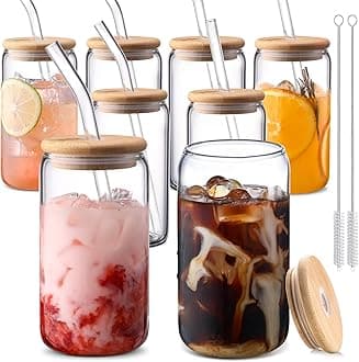 DWTS DANWEITESI Glass Cups with Lids and Straws 8pcs,16oz Glass Iced Coffee Cups with Lids-Clear Glass Coffee Cups,Cute Glass cups for Coffee Bar Accessories Gifts