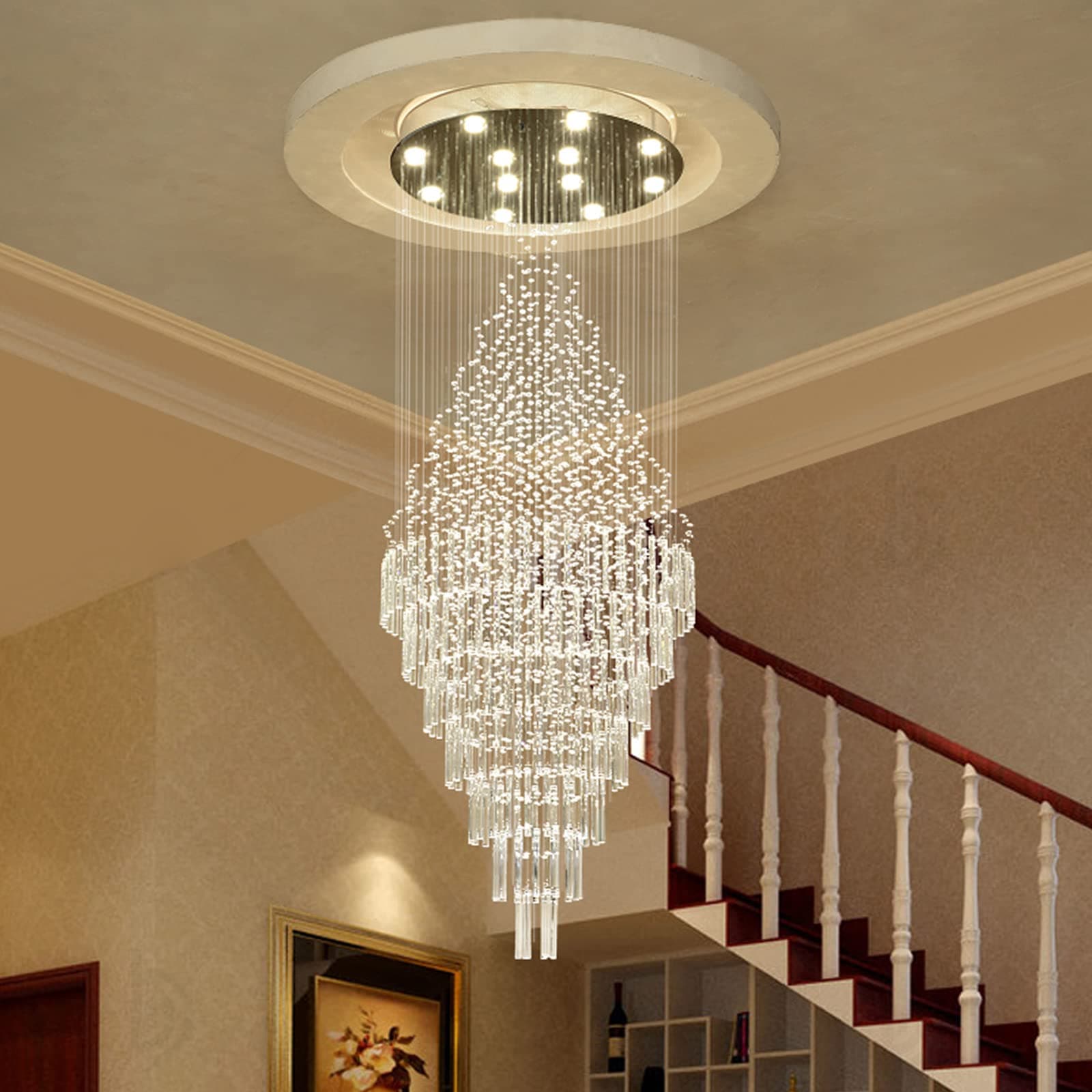 7PM Foyer Chandeliers Entryway High Ceiling, Flush Mount Large Raindrop Crystal Chandelier Lighting Staircase Chandelier High Ceiling Light Fixtures for Hallway Front Entrance H 59''