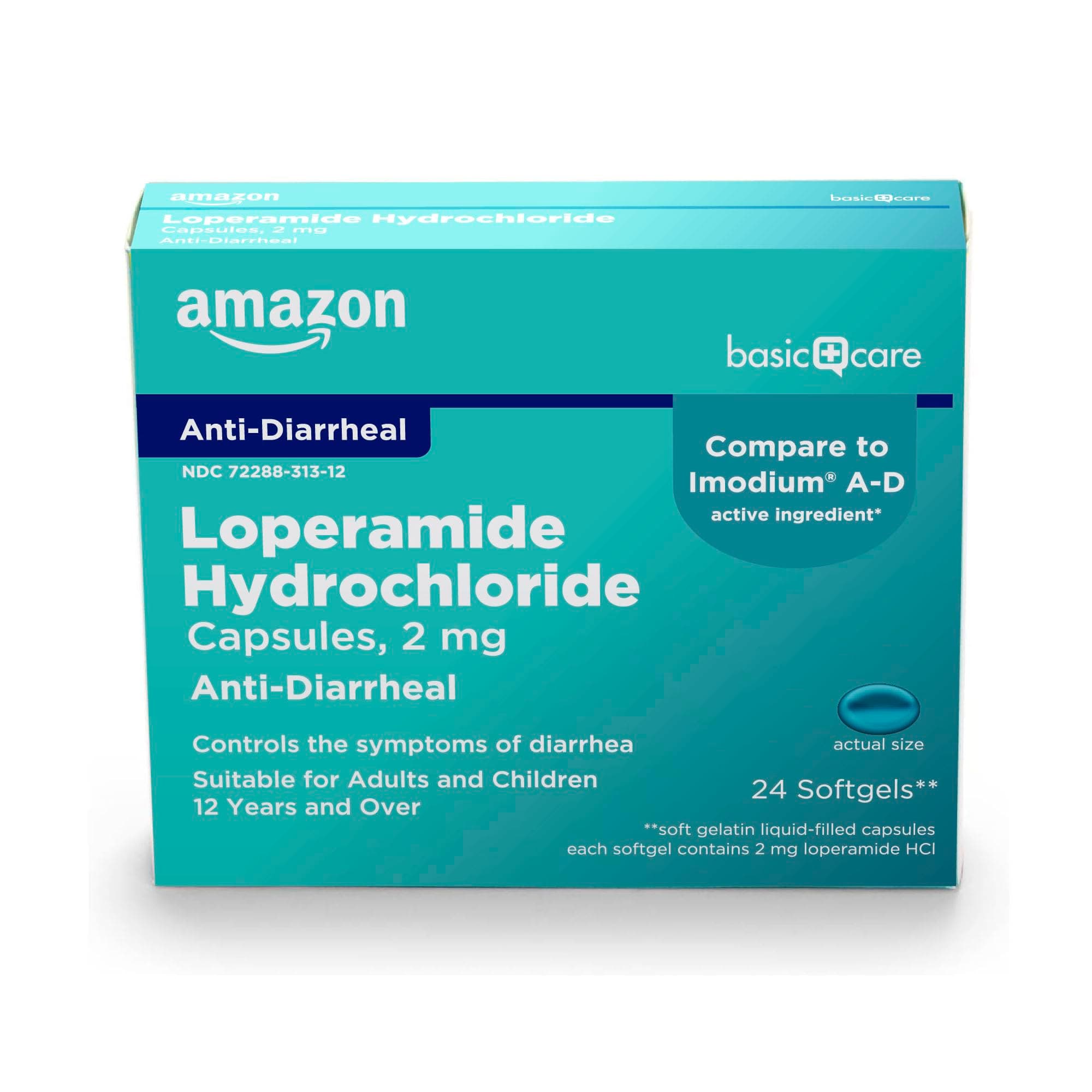 Amazon Basic Care Loperamide Hcl 2 Mg Softgels, Anti-Diarrheal, Easy to Swallow, Controls Symptoms of Traveler's Diarrhea, 24 Count