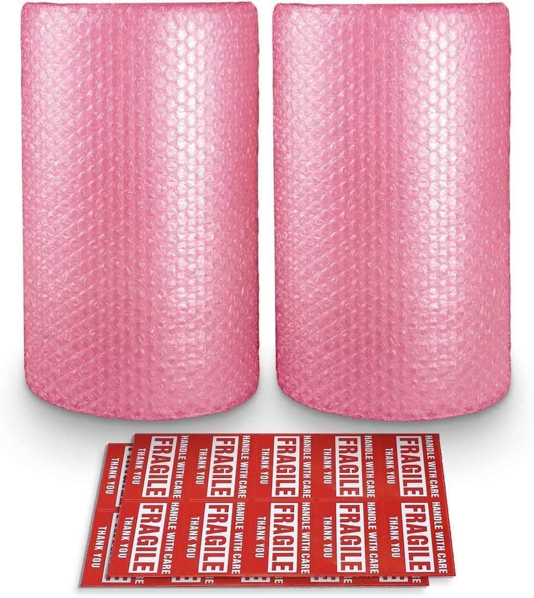 2-Pack Anti-Static Bubble Cushioning Wrap Rolls, 3/16" x 12" x 72' ft Total, Perforated Every 12", 20 Fragile Stickers for Packaging, Shipping, Mailing