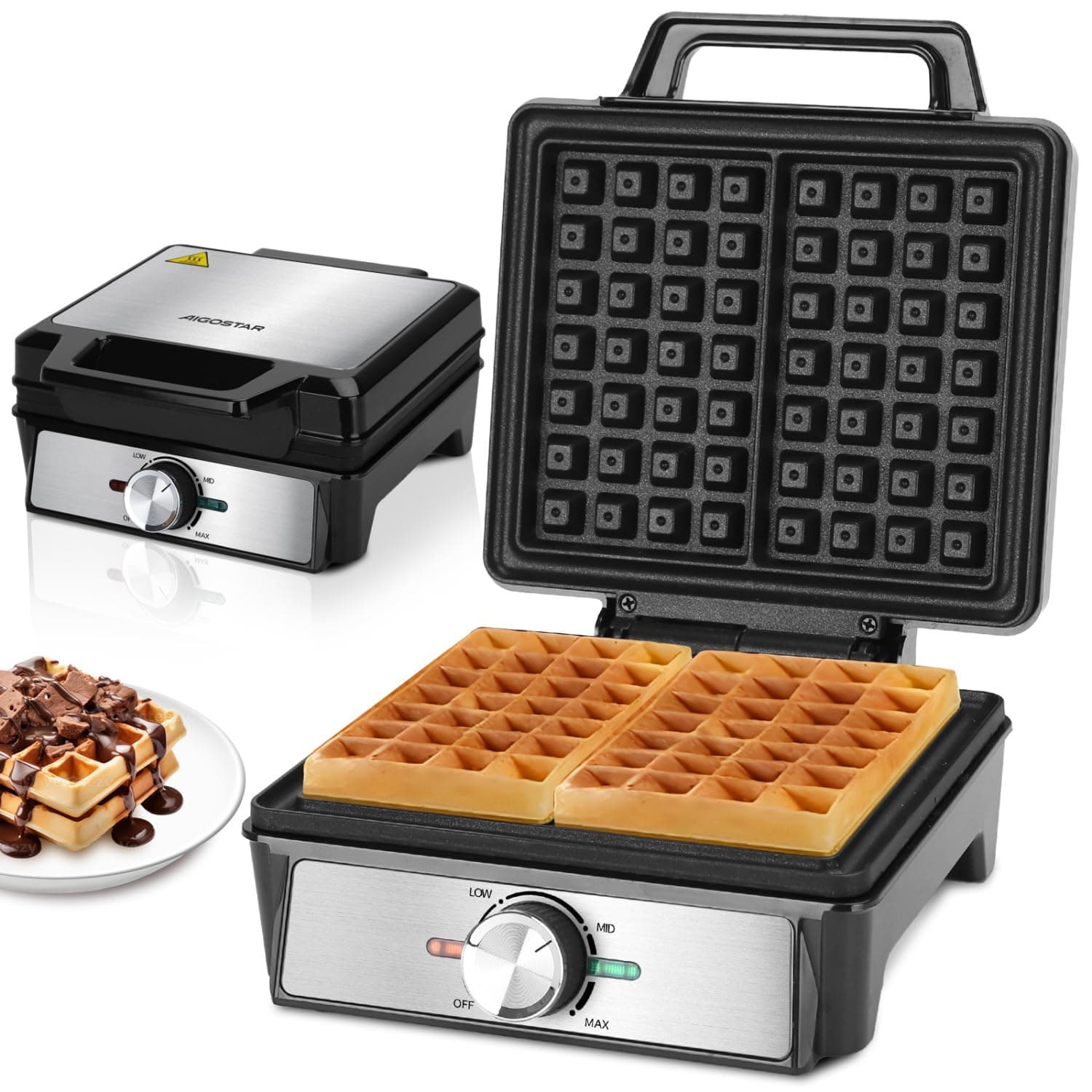 Professional Waffle Maker 1600W, Deep Fill Belgian Waffle Iron with Adjustable Temperature Control, Double-Sided Heating, Non-Stick Anti-Spill Plates, Easy Clean, Black - Savory