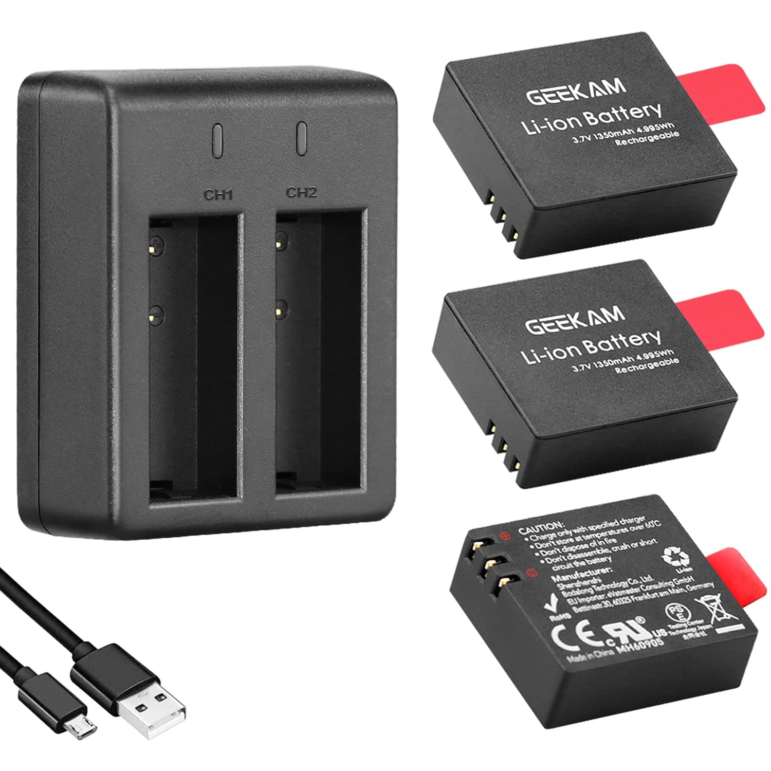 Action Camera Battery Pack, 1350mAh Rechargeable Battery(3-pack) with USB Dual Charger for Sports Camera, Compatible with AKASO EK7000/CAMPARK/Crosstour/APEMAN/sj4000 and more