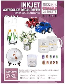 20 Sheets Waterslide Decal Paper INKJET CLEAR,8.5X11 Inch Water Slide Transfer Paper Transparent Printable for Tumblers,Ceramics,Plastics,Glasses,DIY
