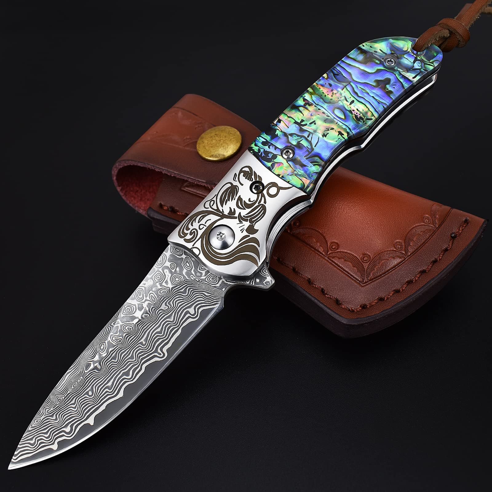 EDC Damascus Pocket Knife with Leather Sheath, Abalone Shells Handle, Handmade Damascus Steel Folding Knives with Clip for Everyday Carry, Excellent Gifts for Men Women Hunting