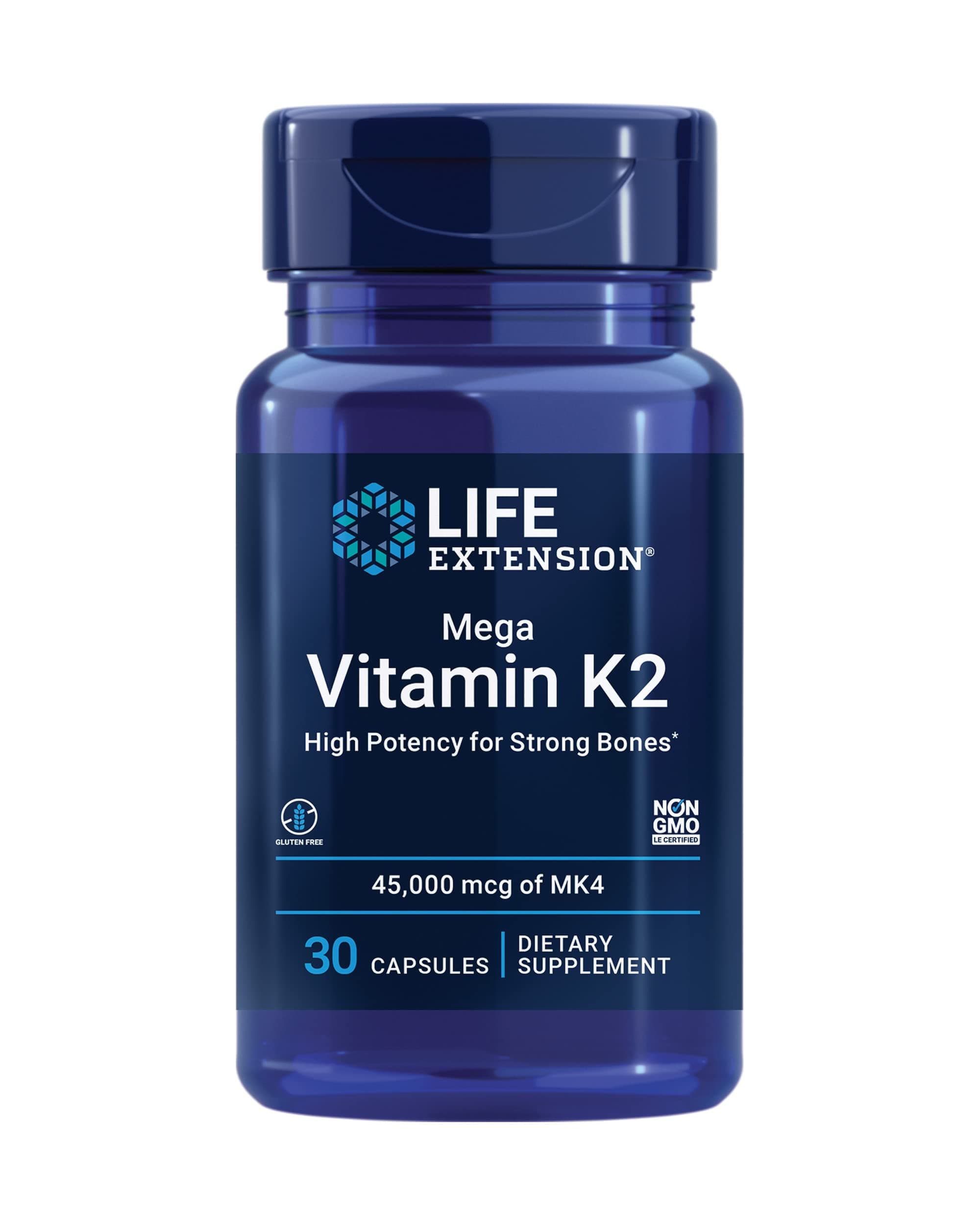Mega Vitamin K2 High Potency for Strong Bones, clinically studied 45 mg K2 dosage, promotes healthy bone density, gluten-free, non-GMO, 30 capsules