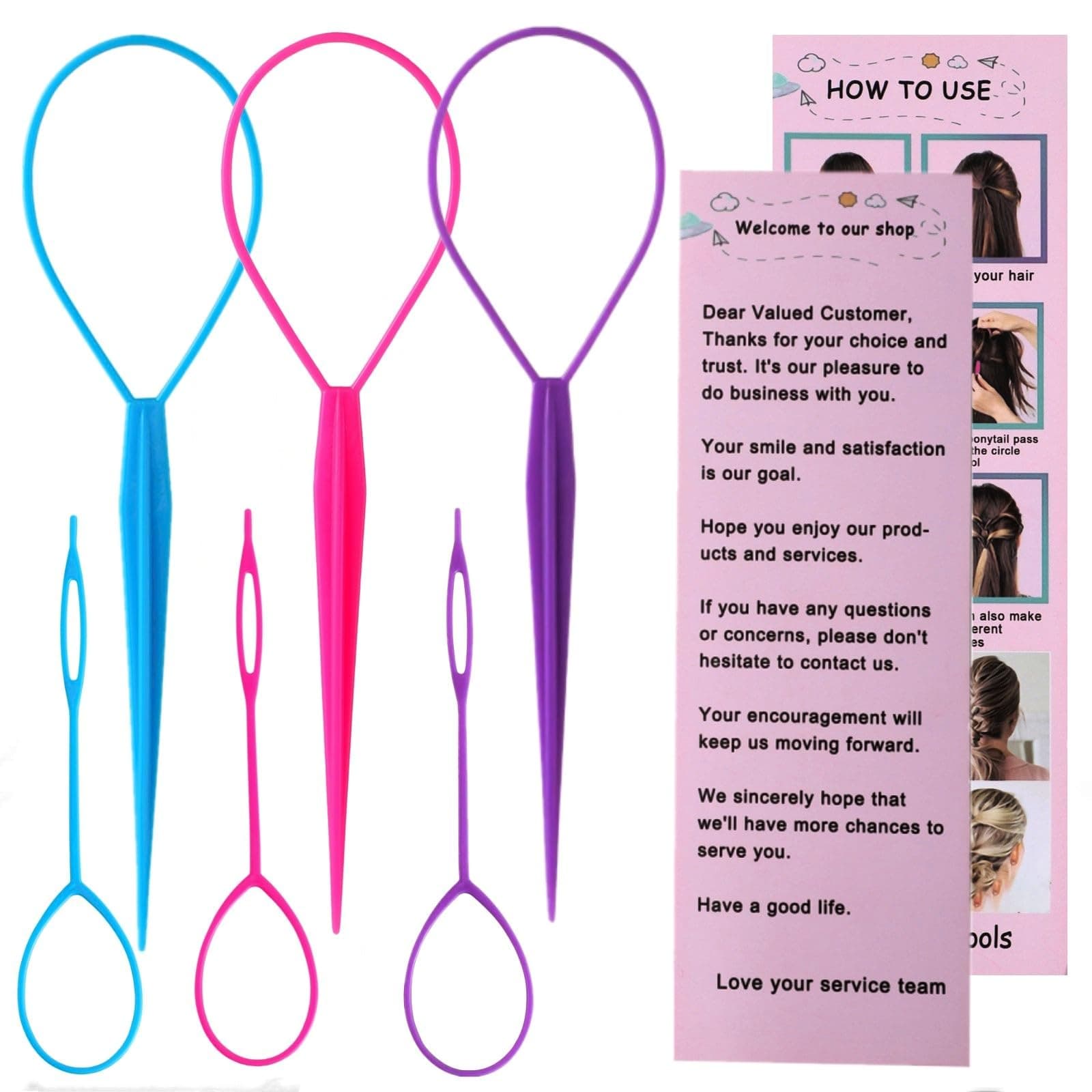 Aigee 6pcs Topsy Tail and Hair Loop Styling Tool Set - Ponytail Makers, French Braid Loops in Large and Small, Hair Pull Through Tools (Pink, Blue, Purple) for Women and Girls
