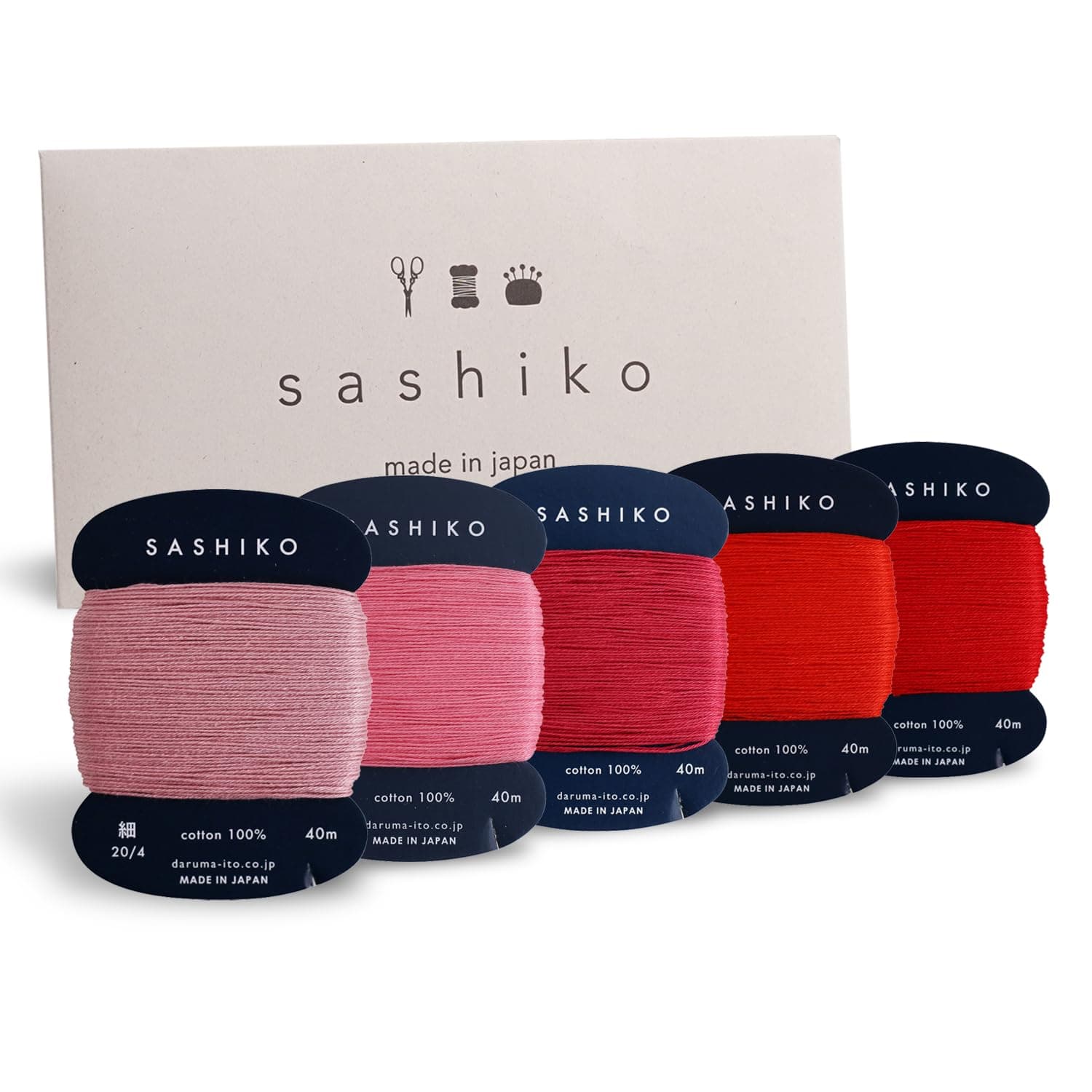 DARUMA Sashiko Thread 100% Cotton Card Type (43.7 yd) x 5 Colors with English Manual, Sewing & Embroidery Value Set with Gift Package(Thin, Hanafubuki)